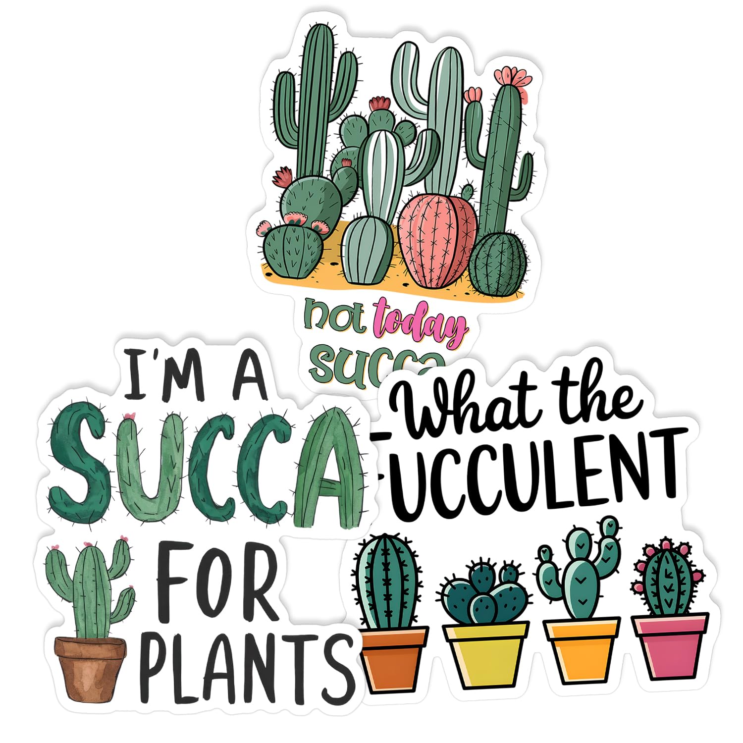 Photo 1 of (3Pcs) Funny Succulent Stickers Pack Size 3'' Cute Cactus Designs Waterproof Vinyl Decals for Laptop, Water Bottle, Gardening Gifts, Plant Lover