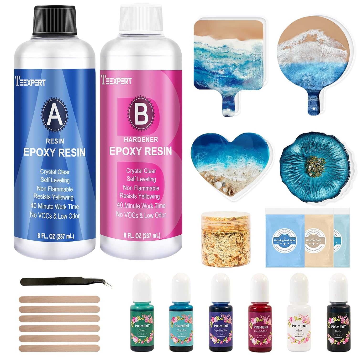 Teexpert Epoxidharz mit Härter, Hochglanz Epoxidharz Set, Blasenfreies Beschichtungs- und Gießharz für DIY-Kunst, Schmuck, Untersetzer, Weihnachtsdekorationen, Tischplatten, Formen, Holz