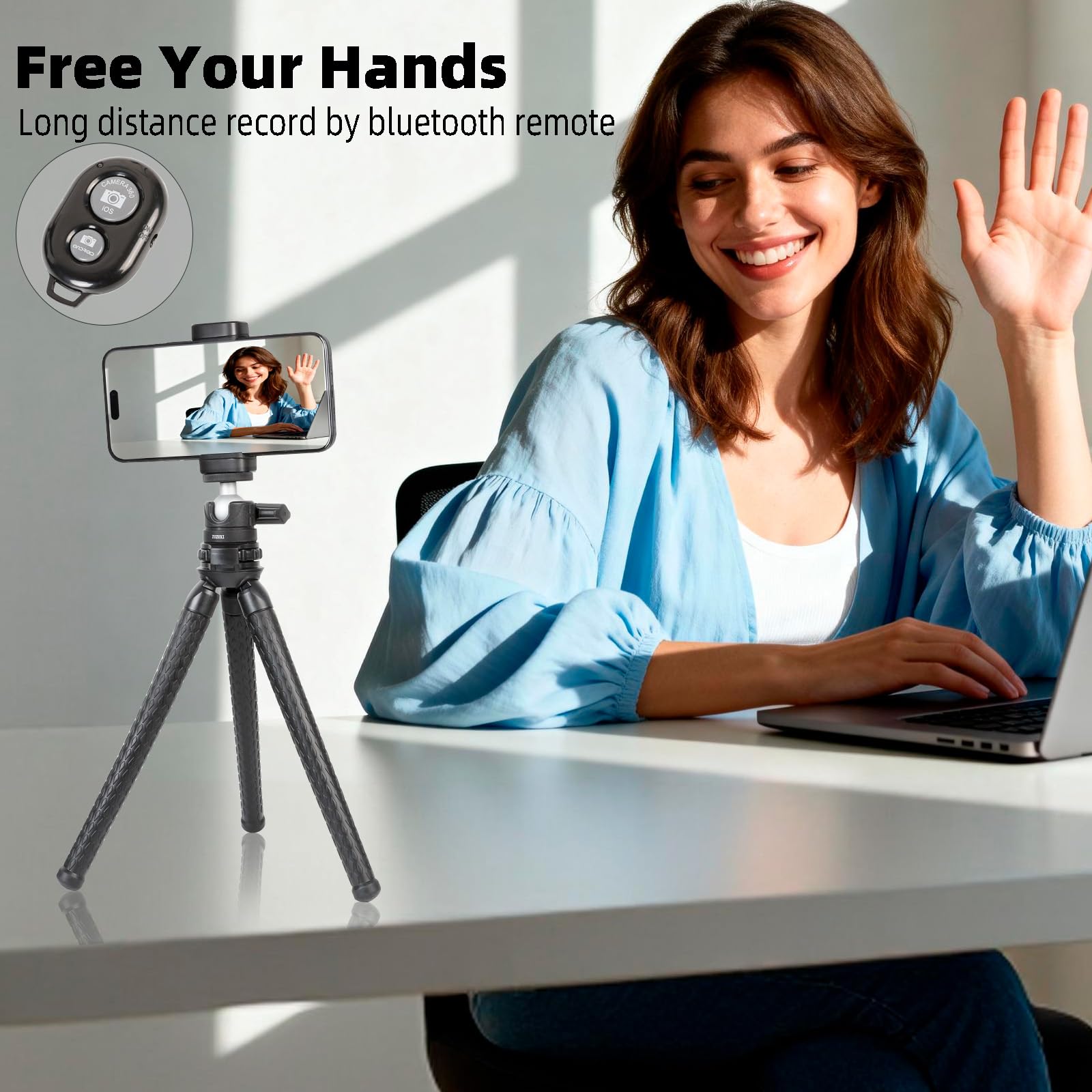 Flexibles Stativ für Handys & Kamera, Mini-Handy-Stativ mit Fernbedienung & Handyhalterung für Videoaufnahmen, kompatibel mit iPhone GoPro Insta360 X5 DJI Osmo Pocket 3 Canon Nikon Sony Kamera