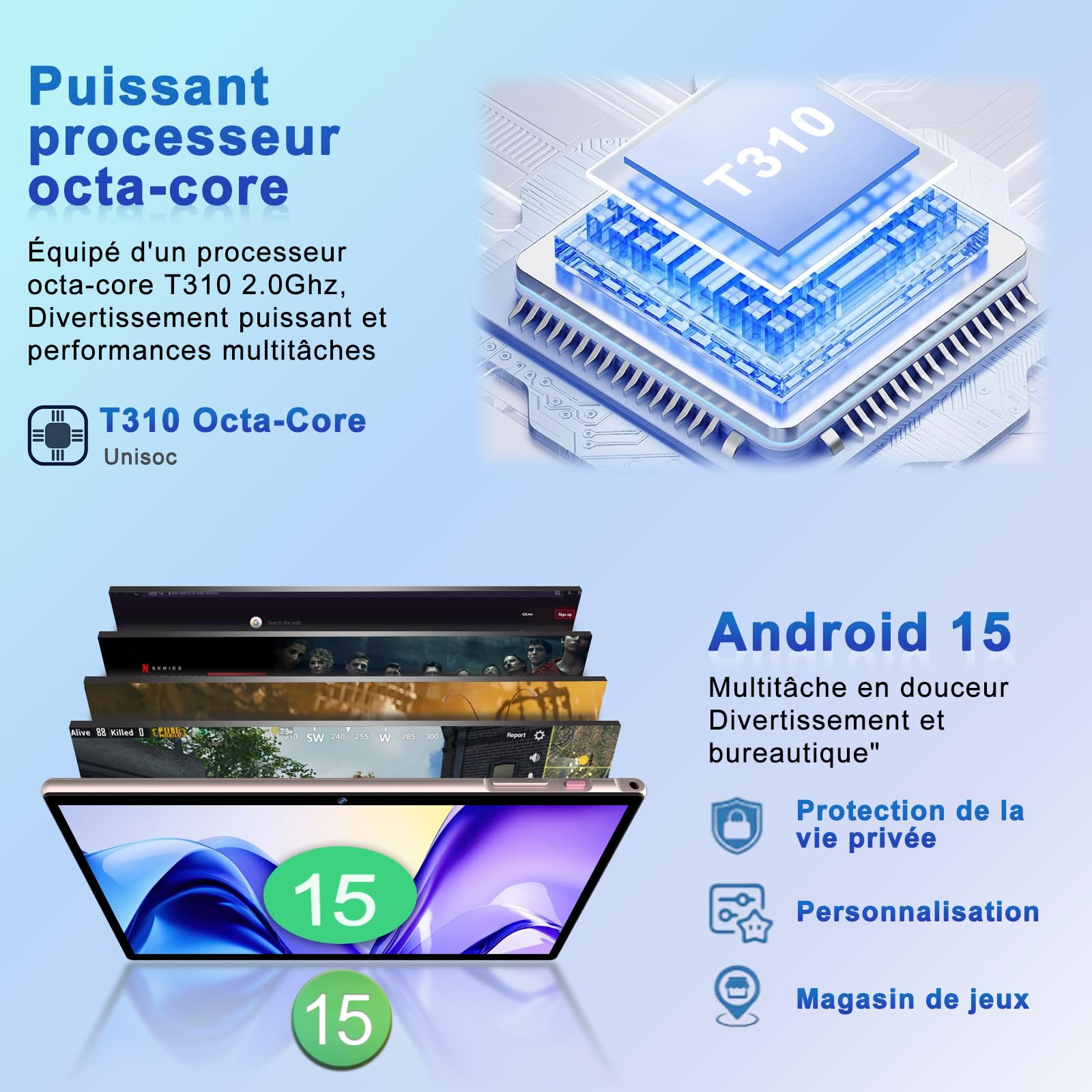 2026 Tablette 10 Pouces Android 15 Gemini AI, 30Go RAM + 128Go ROM (2To TF), Octa-Core 2,0GHz, 8000mAh, GMS & Widevine L1,GPS, WiFi 5G, BT 5.0,2 en 1 Tablette Tactile avec Clavier et Souris -Bleu