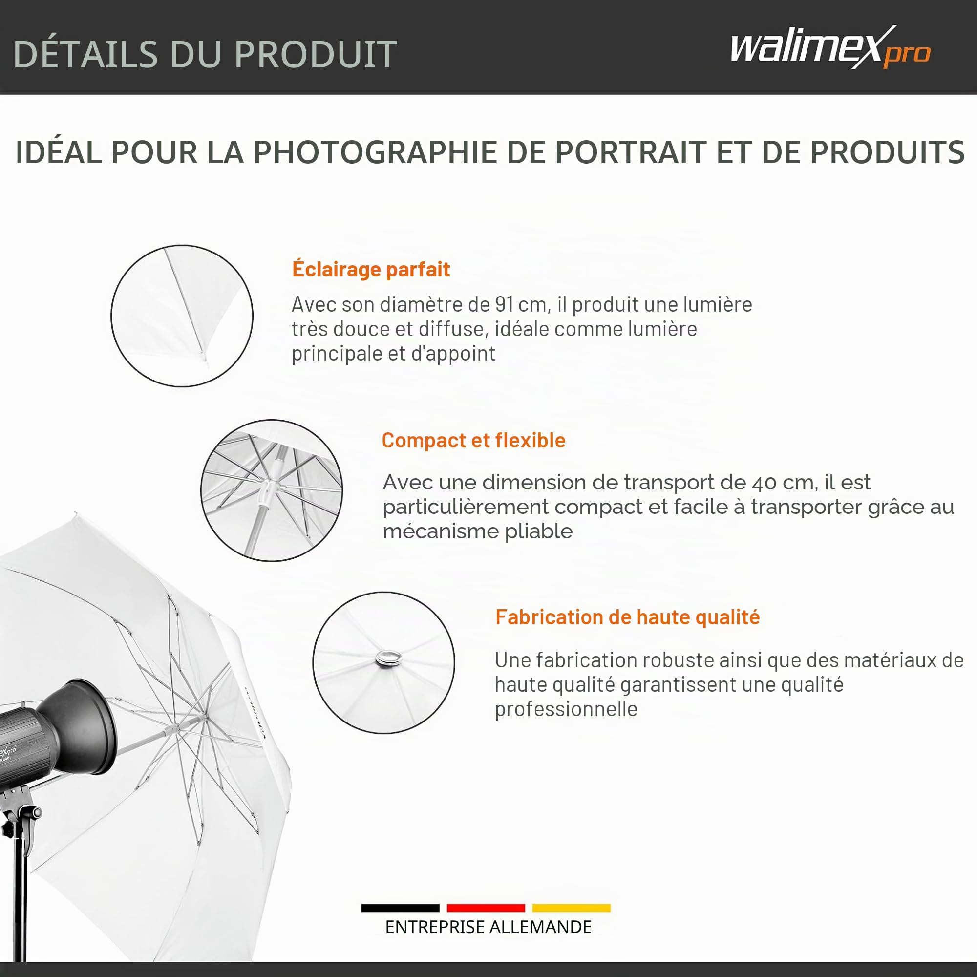 Walimex Pro Mini Parapluie Translucide 91 cm (pliable, taille de transport env. 40 cm, sac de transport inclus)