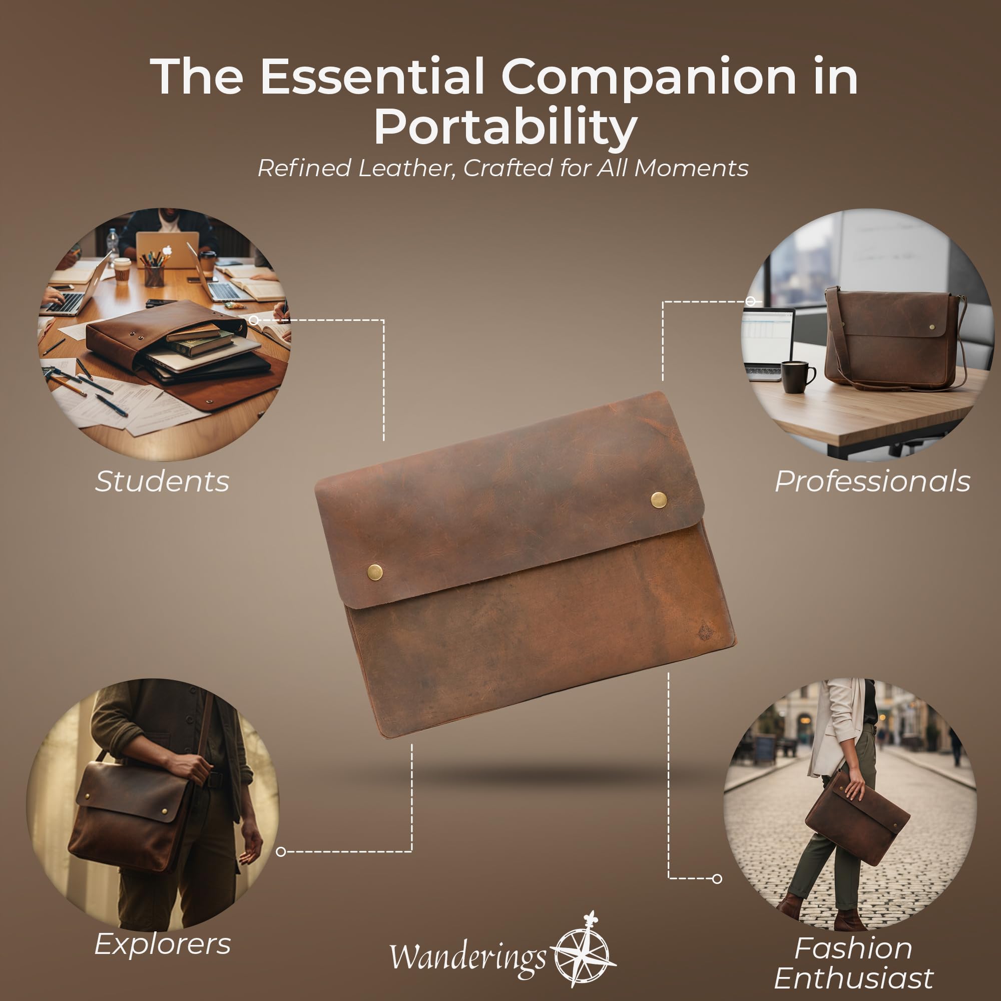 WANDERINGS Carpeta Grande de Cuero Genuino con Correa Removible - Organizador de Documentos Folio Hecho a Mano - Portadocumentos de Cuero - Compatible con Tablets y Laptops de 15" 14" 13"