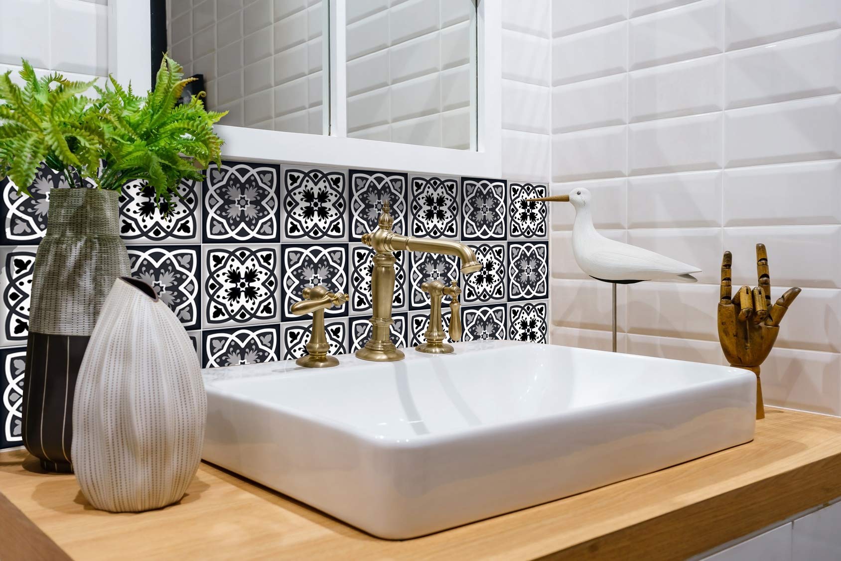 Mi Alma Black and White Tile Stickers Peel and Stick Tile Stickers 24 PC Set backsplash Tile Decals Bathroom & Kitchen Vinyl Wall Decals Just Peel Stick Home Decor (Flowers Tiles, 8x8 Inch)