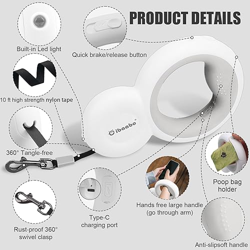 Miniatura 2 de Correa retráctil para perro con luz LED y soporte para bolsa de excrementos, correa extensible de 10 pies para perros pequeños y medianos de menos