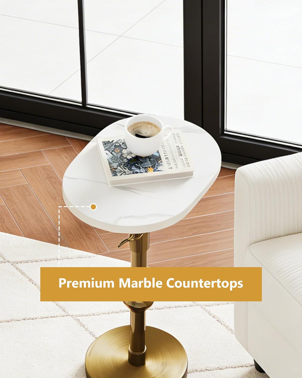 Adjustable Height Marble Drink Table,10"x12"x(22“~30"), Elliptical Marble with Antique Brass Accents,Side Table with Pedestal Stand for Small Spaces, Living Room, Bedroom, Bathroom (White)