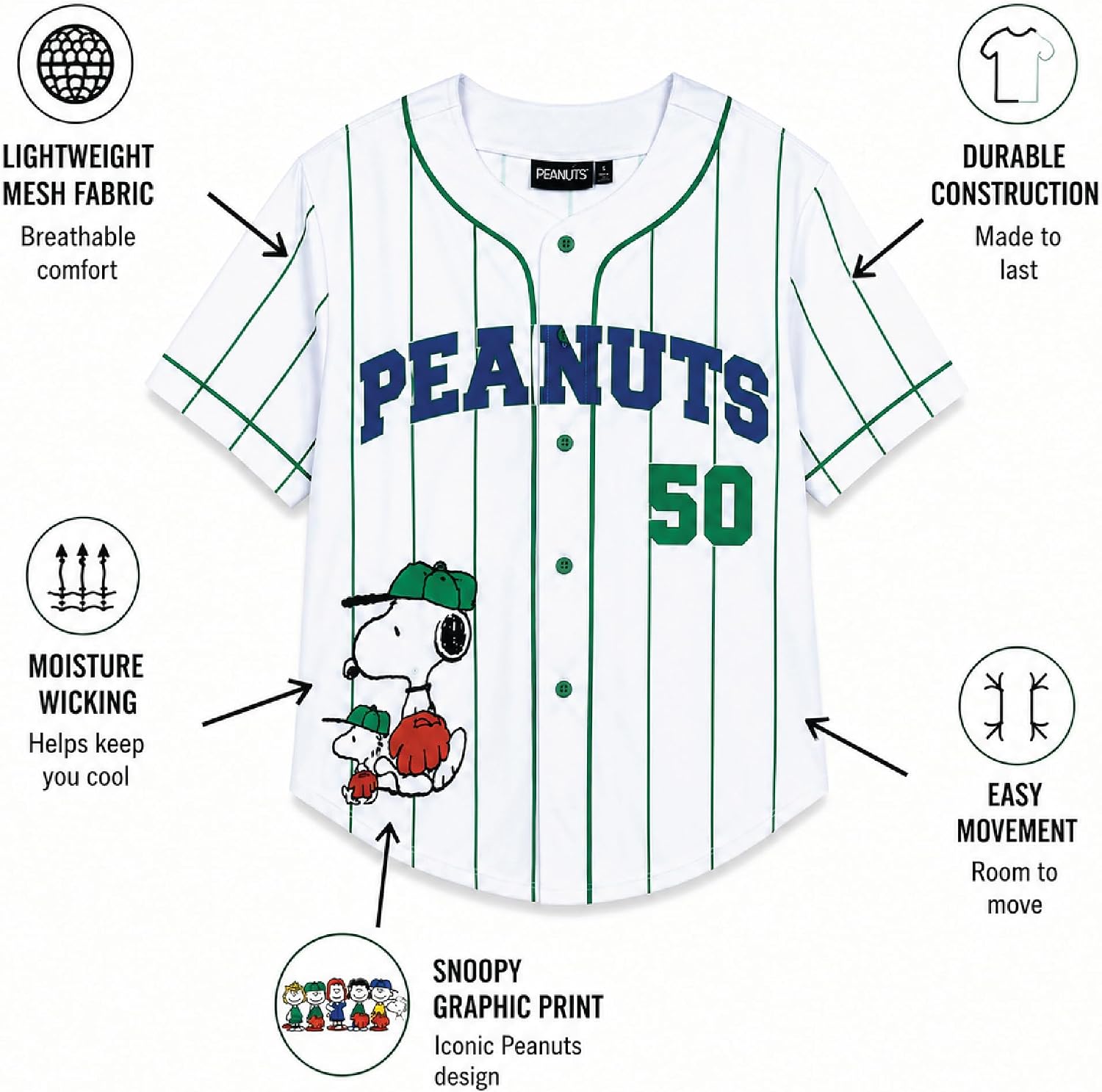 Peanuts Snoopy Girls Baseball Jersey Button Down Kids Sports Top