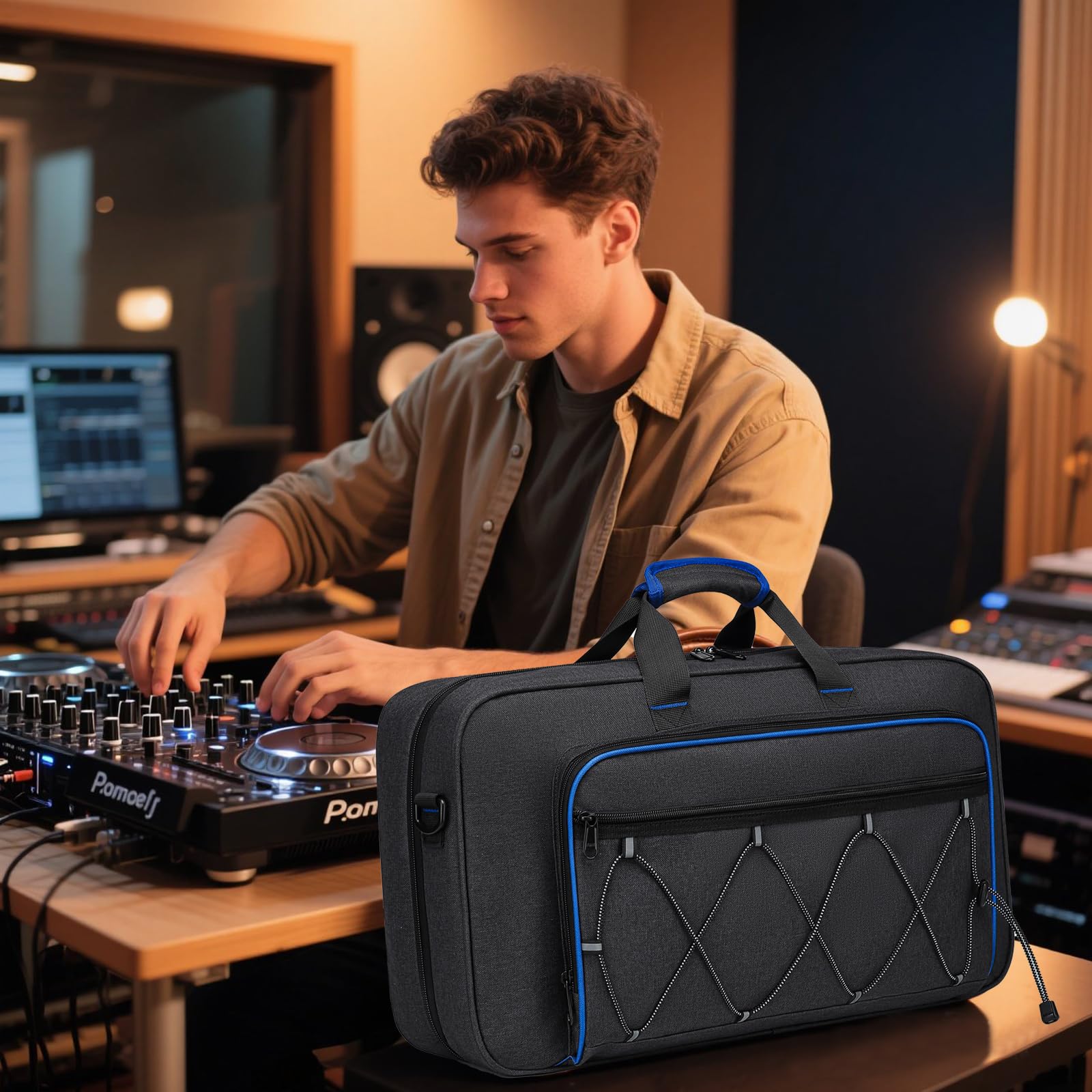 RUCYEN Borsa per DJ DDJ-FLX4/DDJ 400/DDJ REV1, borsa a tracolla imbottita con 4 tasche, per laptop da 15,6 pollici, cavi, custodia per mixer DJ con tracolla regolabile per attrezzatura DJ
