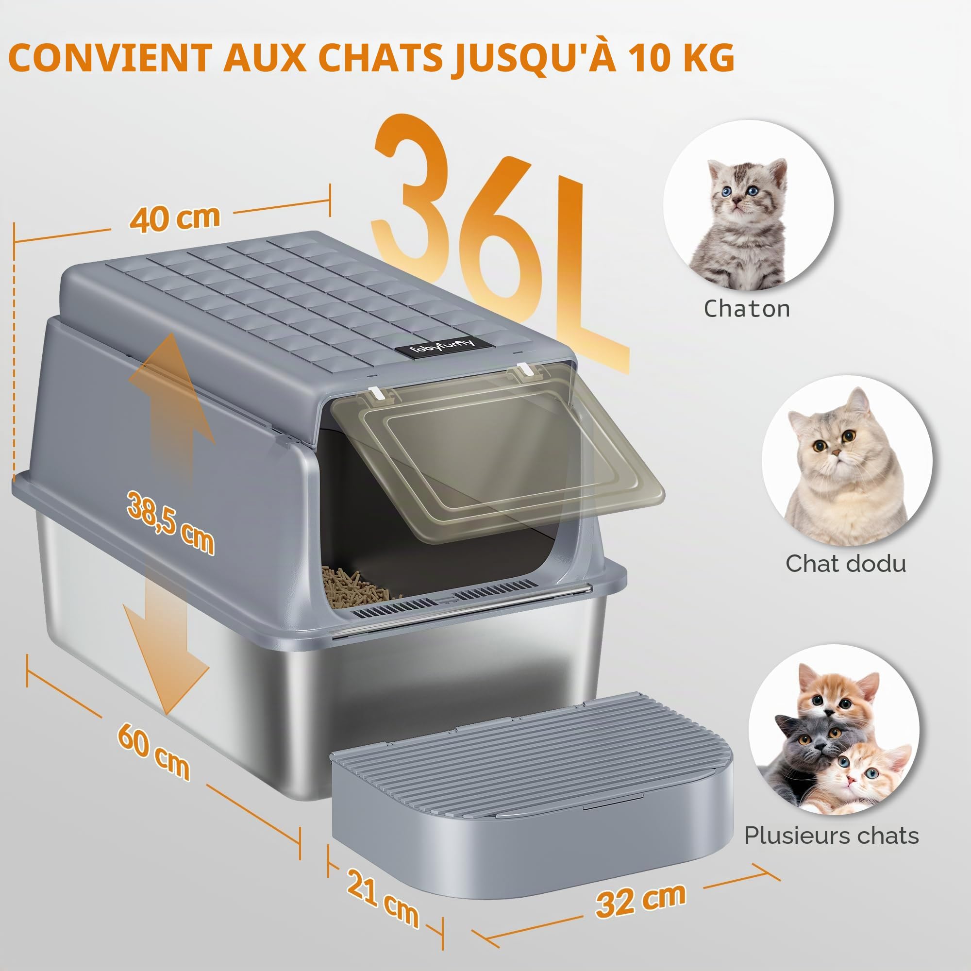 Bac à Litière pour Chat INOX avec Couvercle Lot de 2, 60x40x38,5cm, Bac Litière pour Chat XXL, avec Pelle à Litière et Marchepied, Amovible, 120° Couvercle Rabattable, Gris Foncé FPLB002SG2