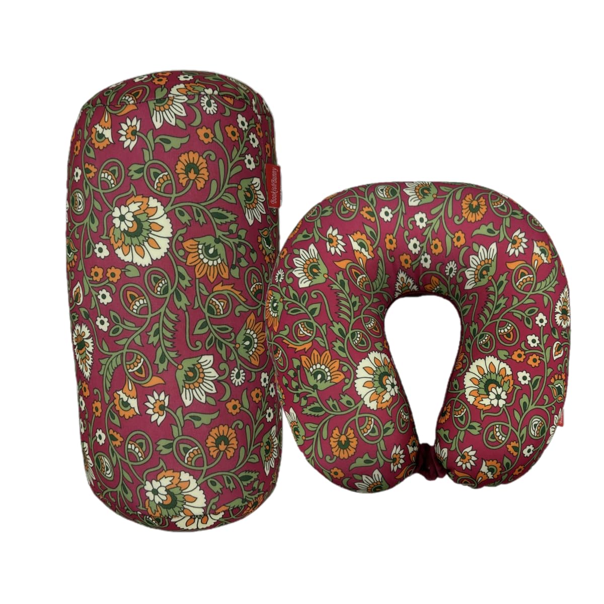 Bookishbunny 2pcs Micro Bead Set U Shaped Neck Travel Pillow 12" x 12" x 4" and Roll Back Pillow Cushion 13" x 7", Various Designs (Chintz)
