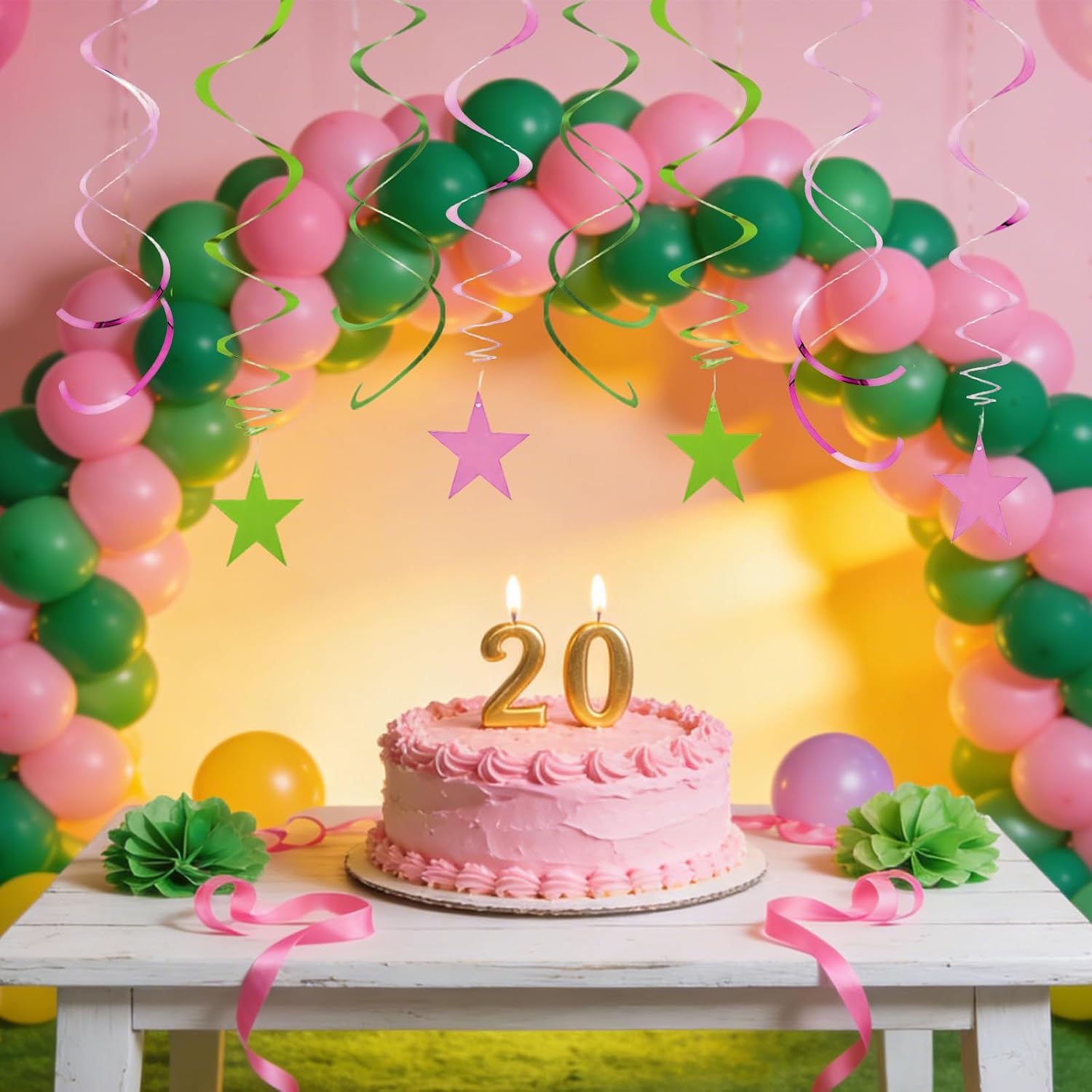 GAKA Pink and Green Foil Hanging Ceiling Swirls Garland,Star Swirl Streamer Decorations for Birthday,Anniversary,Graduation Party Supplies(24Pcs)