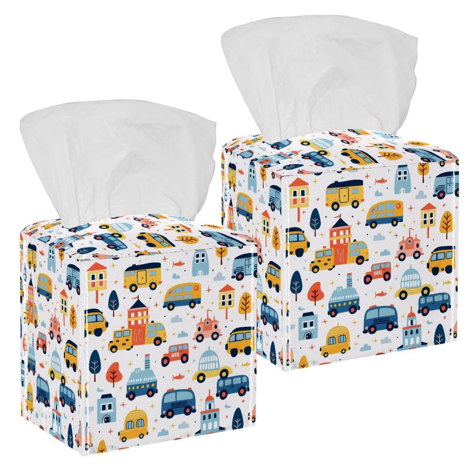 Cartoon Car Tissue Box Cover, 2 Pack PU Leather Square Facial Tissue Dispenser Box holder for Home Office Car