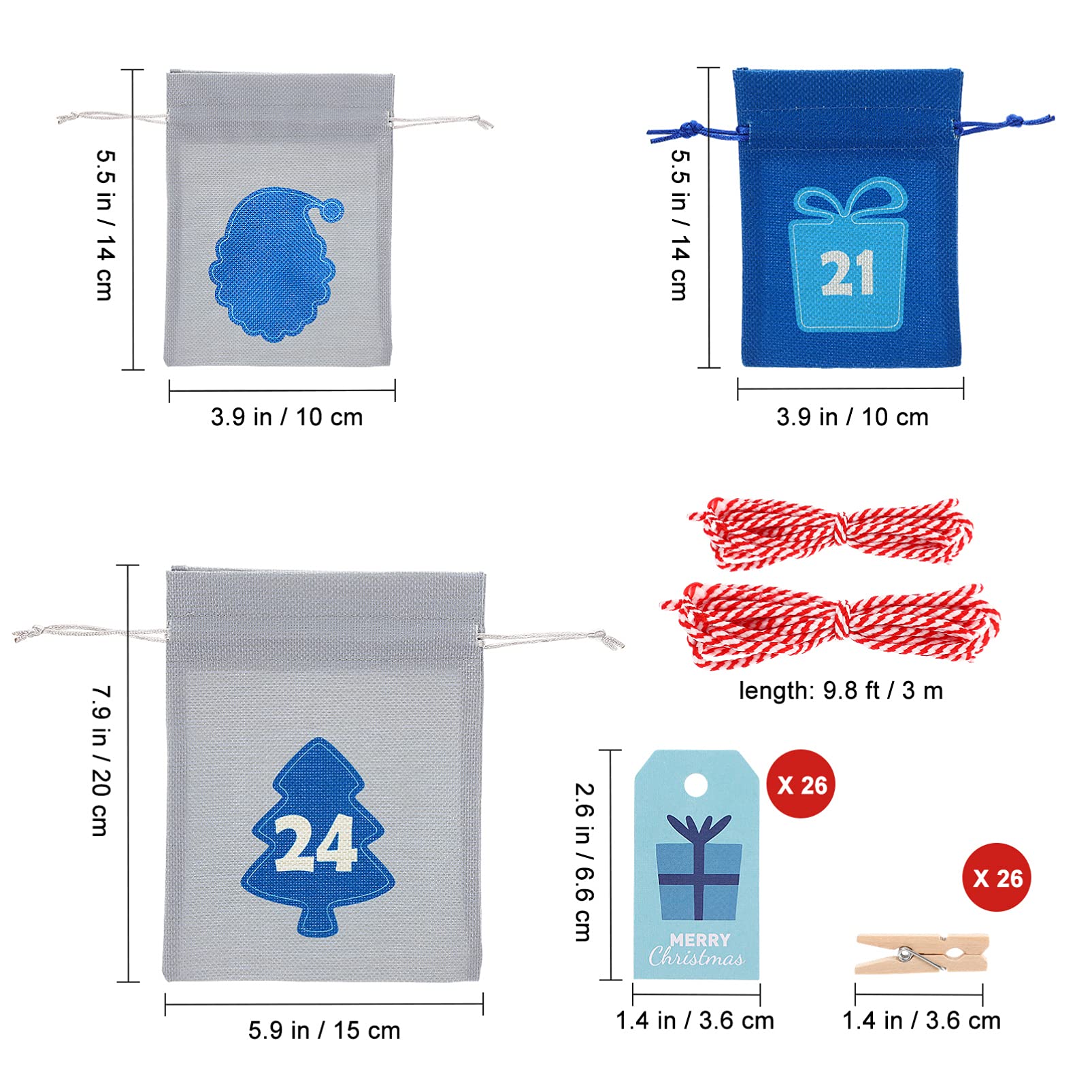 Cabilock Kordelzug-Taschen, 26 Stück/Set, dekorative Countdown-Taschen, Weihnachts-Adventskalender, kreative Weihnachts-Hängetaschen, Weihnachtsbaumschmuck
