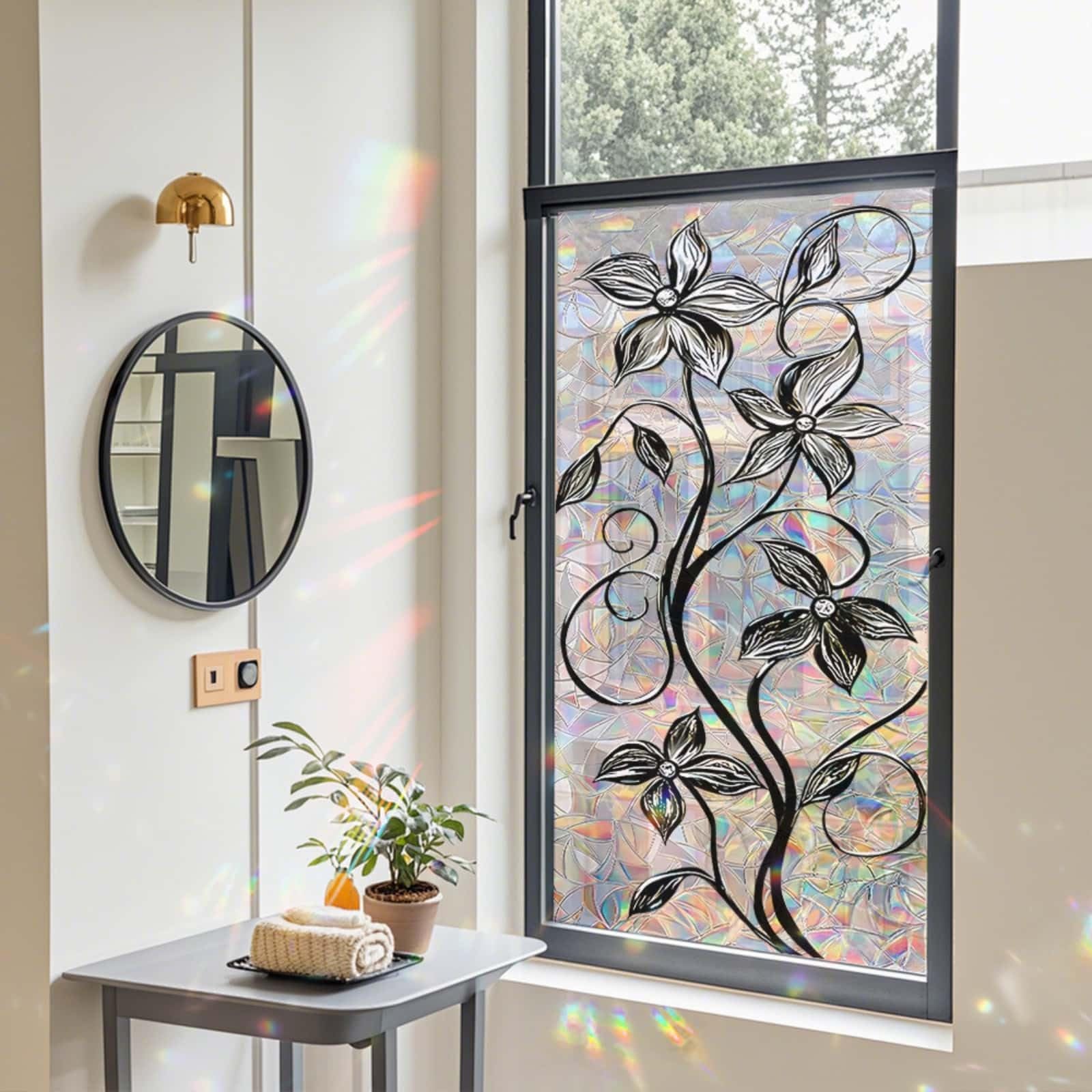 Window Film Privacy 43x100cm Black Flowers Privacy Film for Glass Windows Office Kitchen Living Room Bathroom Opaque Reusable Window Stickers for Glass