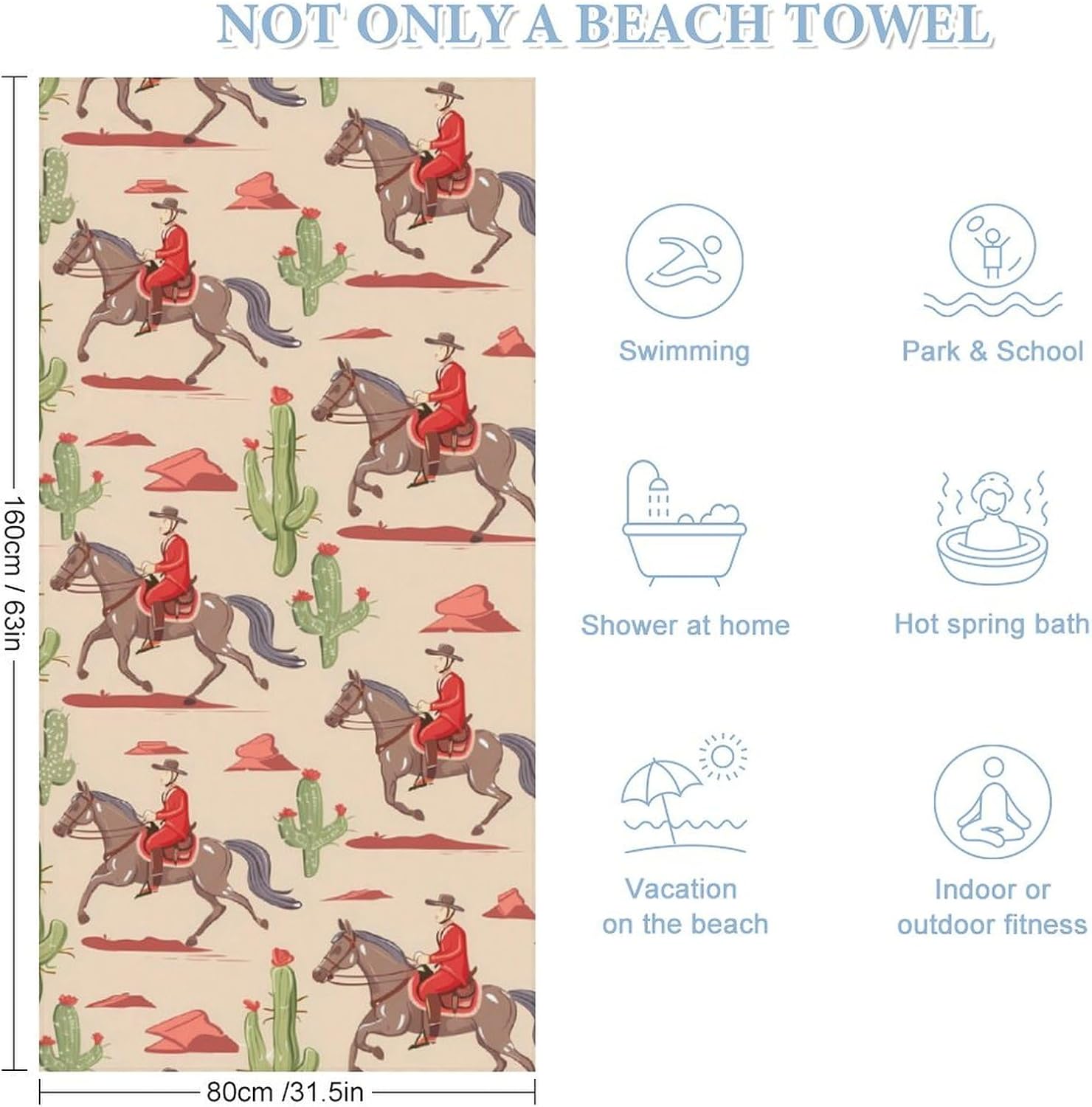 Riding Horse in Wild Tropical Cactus Bath Towel Beach Towels Quick Dry Oversized Bath Blanket Highly Absorbent Towel for Women Men 160x80cm