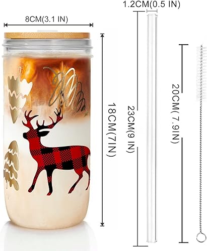 Miniatura 9 de ANOTION Vasos de Navidad, tazas de Navidad de colores de 24 onzas, tarros de vidrio con tapa y pajita, vasos de Navidad, vasos para beber, tazas de