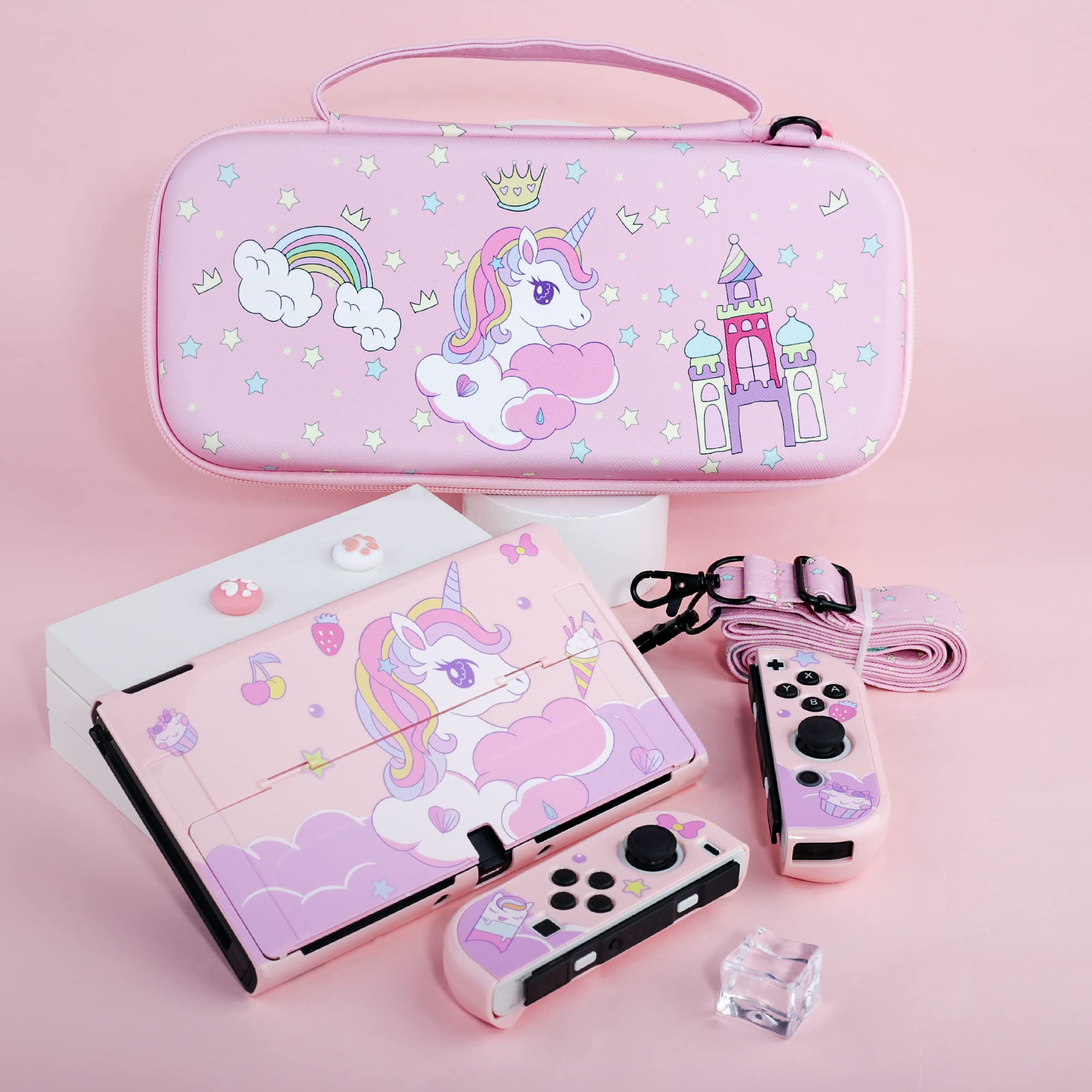 RHOTALL Einhorn-Tragekoffer-Set für Nintendo Switch OLED, Rosa Aufbewahrungstasche für Switch OLED und Zubehör mit Schutzhülle, Bildschirmschutz, verstellbarem Schultergurt und 2 Daumenkappen