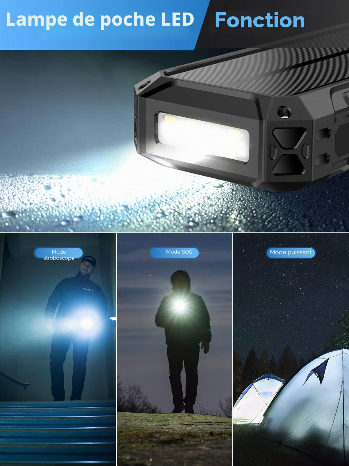 Power Bank, 49963 mAh, batterie solaire sans fil, chargeur rapide portable avec câble intégré, 7 sorties/2 entrées, avec lampe de poche/affichage LED pour smartphone