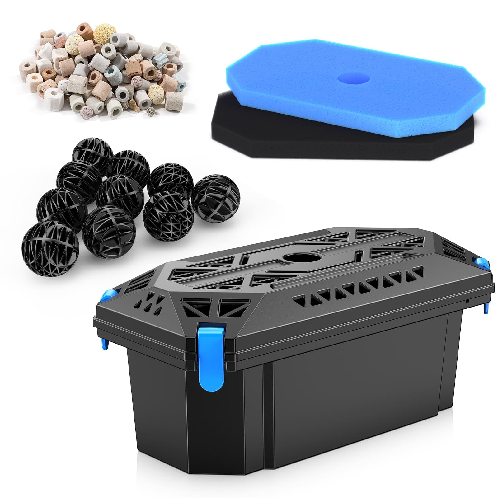 Biling Kit complet de filtre de bassin, utilisé avec pompe de bassin solaire, filtre de bassin cascade, système de filtration biologique sert à protéger les pompes à eau et les étangs clairs en