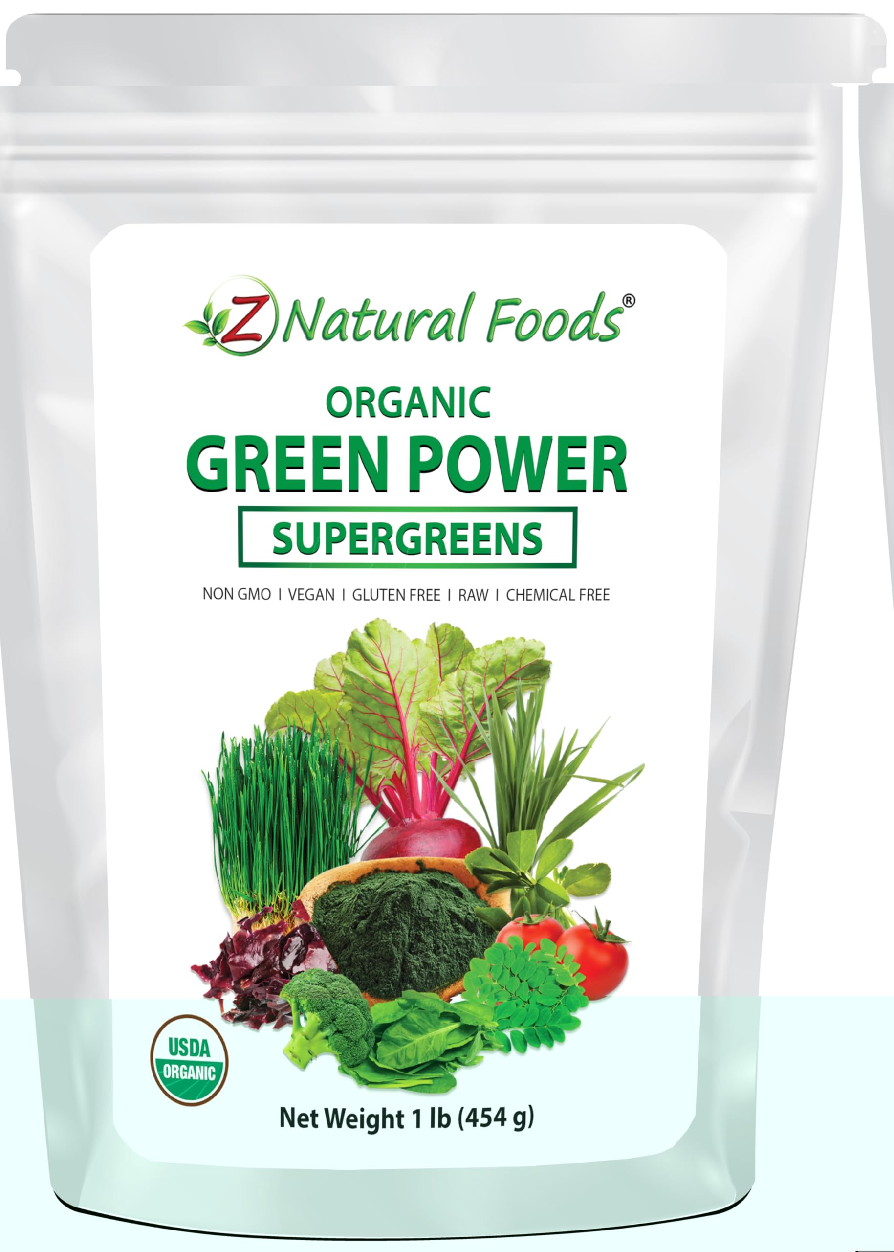 Z Natural Foods Organic Greens Powder - Barley Grass, Wheatgrass, Spirulina, Spinach, Broccoli, Alfalfa Leaf, Beet Root, Tomato, Dulse & Moringa - Raw