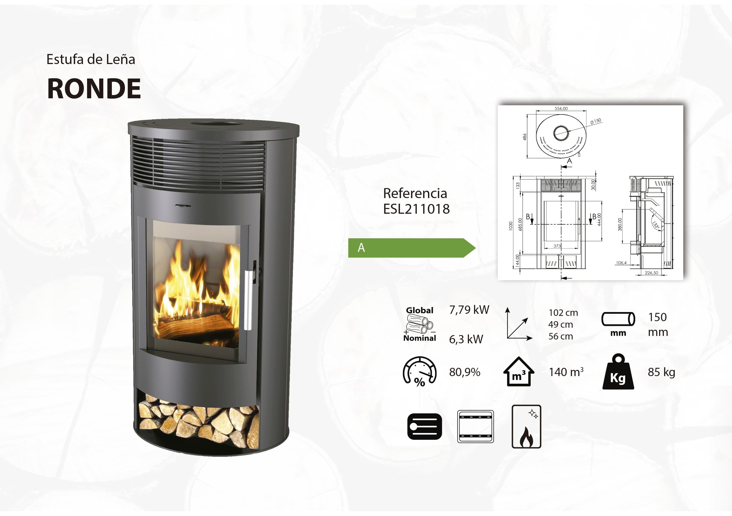 EIDER BIOMASA Poêle à bois 7,79 kW Compact 102 x 49 x 56 cm Design japonais Classe A