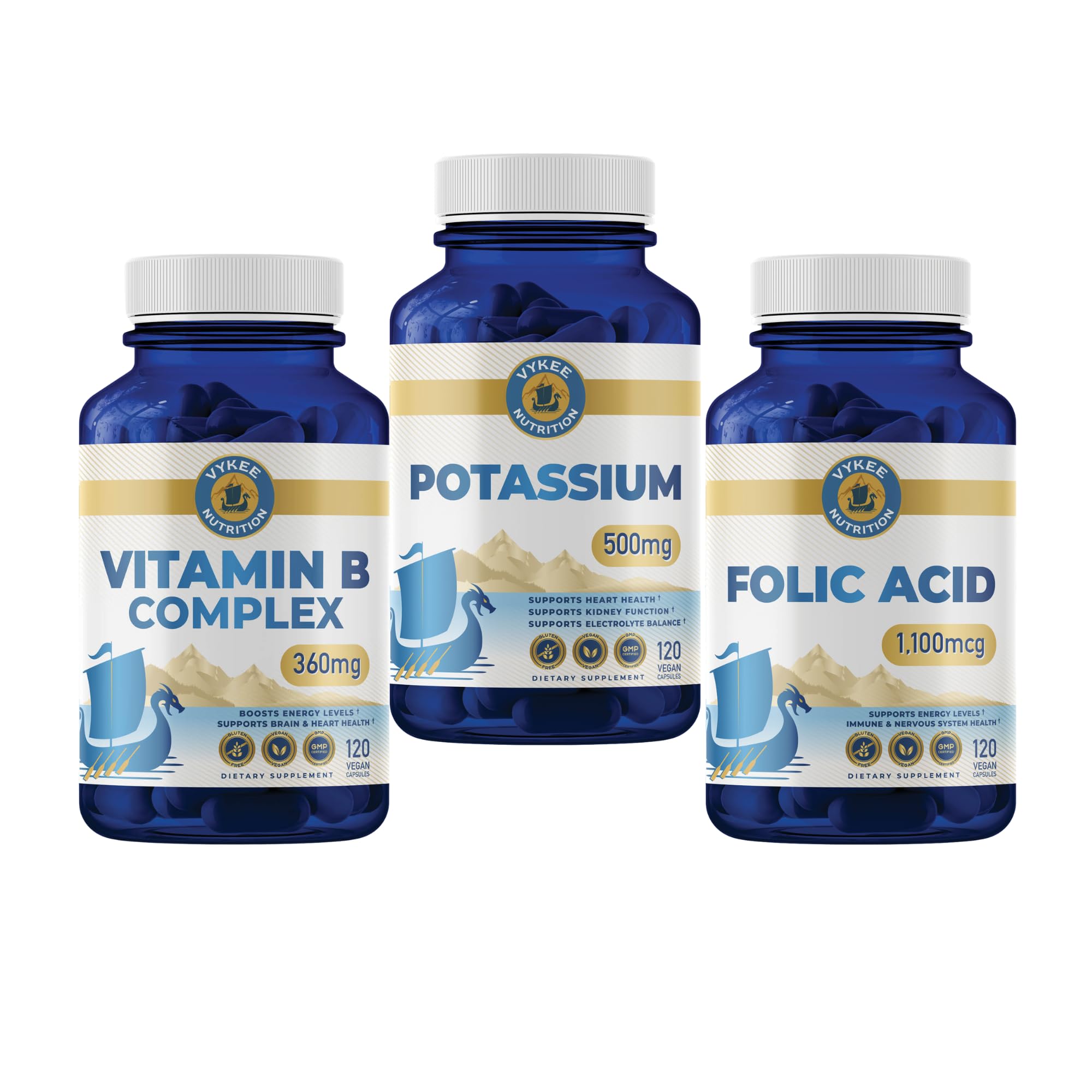 Vykee Nutrition Blood Support Bundle – Folic Acid, B Complex & Potassium | Supports Circulation, Energy & Blood Pressure | Ideal for Daily Cardiovascular Wellness