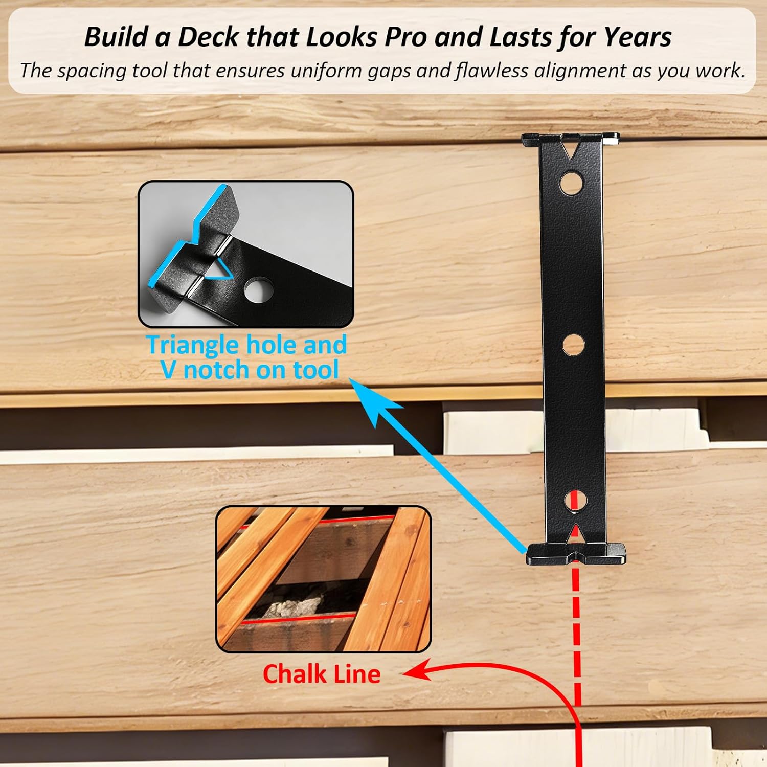 Upgrade Steel Deck Spacer Tool, 2 in 1 Board Spacer with 2 Spacing Side (1/8",3/16") for 5-1/2 Inch Deck Boards,Board Jig Spacer for Treated Wood or Composite Decking Aligned Consistent– Black-1 Pack