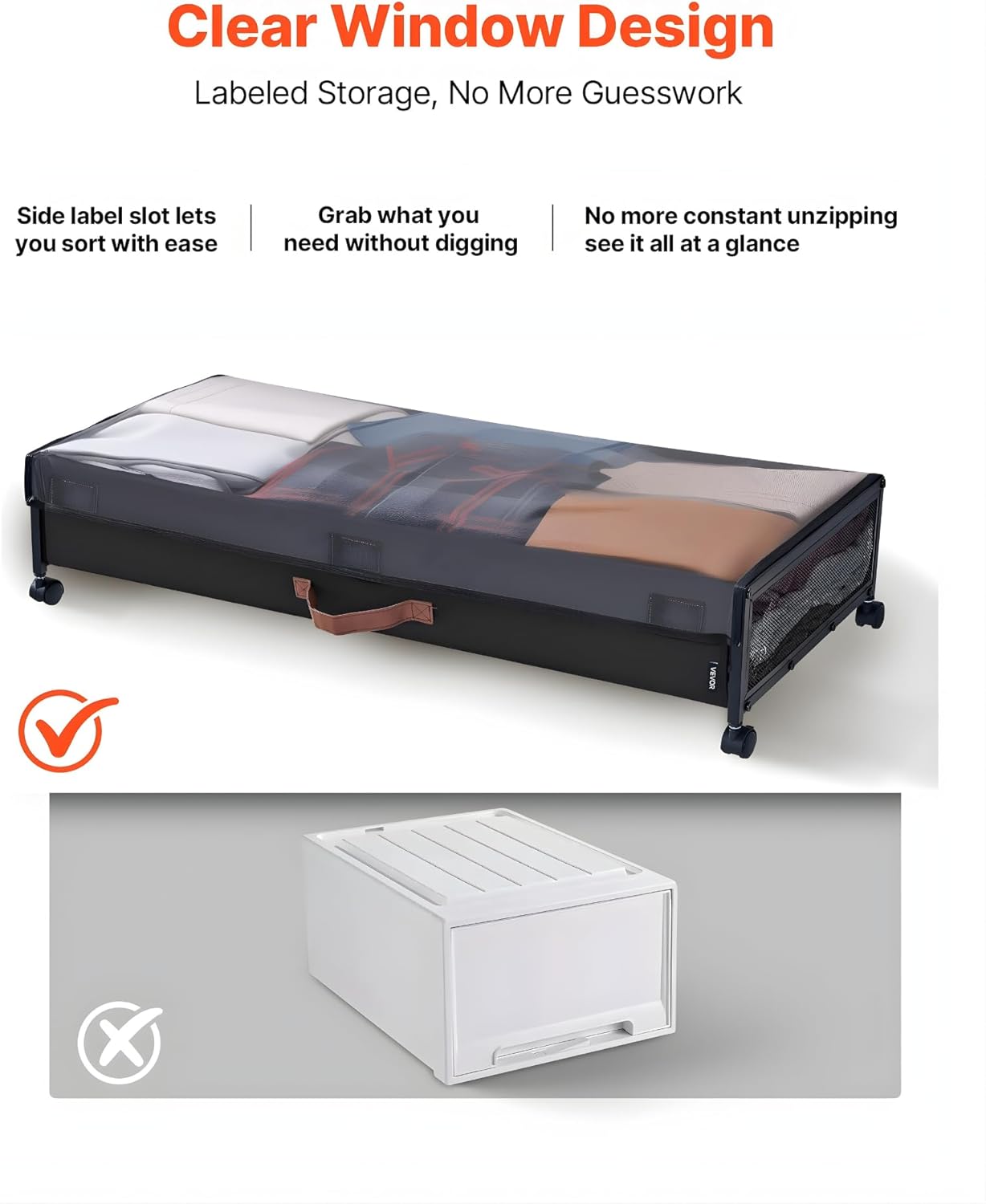 60lbs Capacity Underbed Storage with Wheels, 2-Pack Clear Rolling Bins for Clothes & Shoes, 36” Under Bed Organizer Container with Transparent Lid