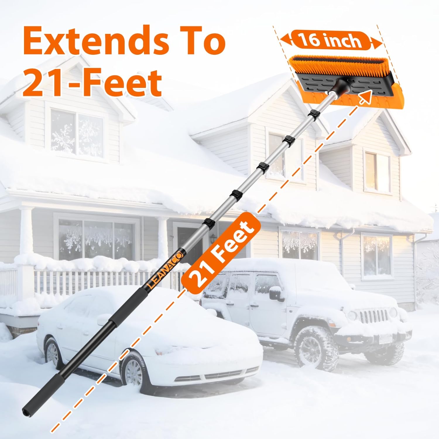 Year-Round Roof Rakes for Snow, Leaves & Moss – 16” No-Scratch Foam Blade & Roof Brush, 4.7-21ft Telescoping Snow Rake for Roof, Solar Panels, RVs & Cars, C-Shaped Push/Pull Roof--Patent Pending