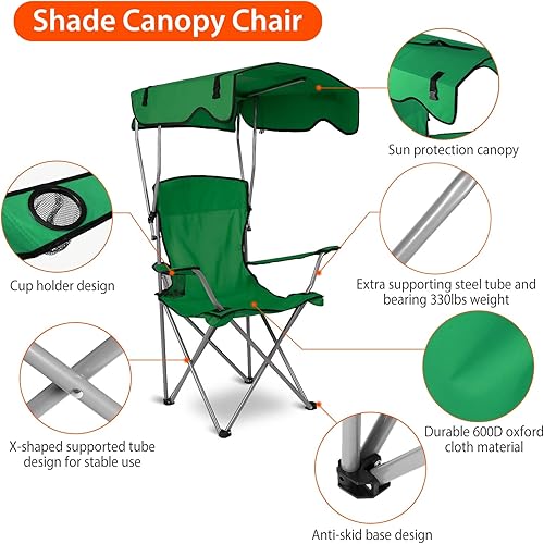 Miniatura 5 de Silla de camping plegable con toldo – Silla de playa de protección solar con toldo de sombra, carga de 330 libras, asiento plegable con soporte para