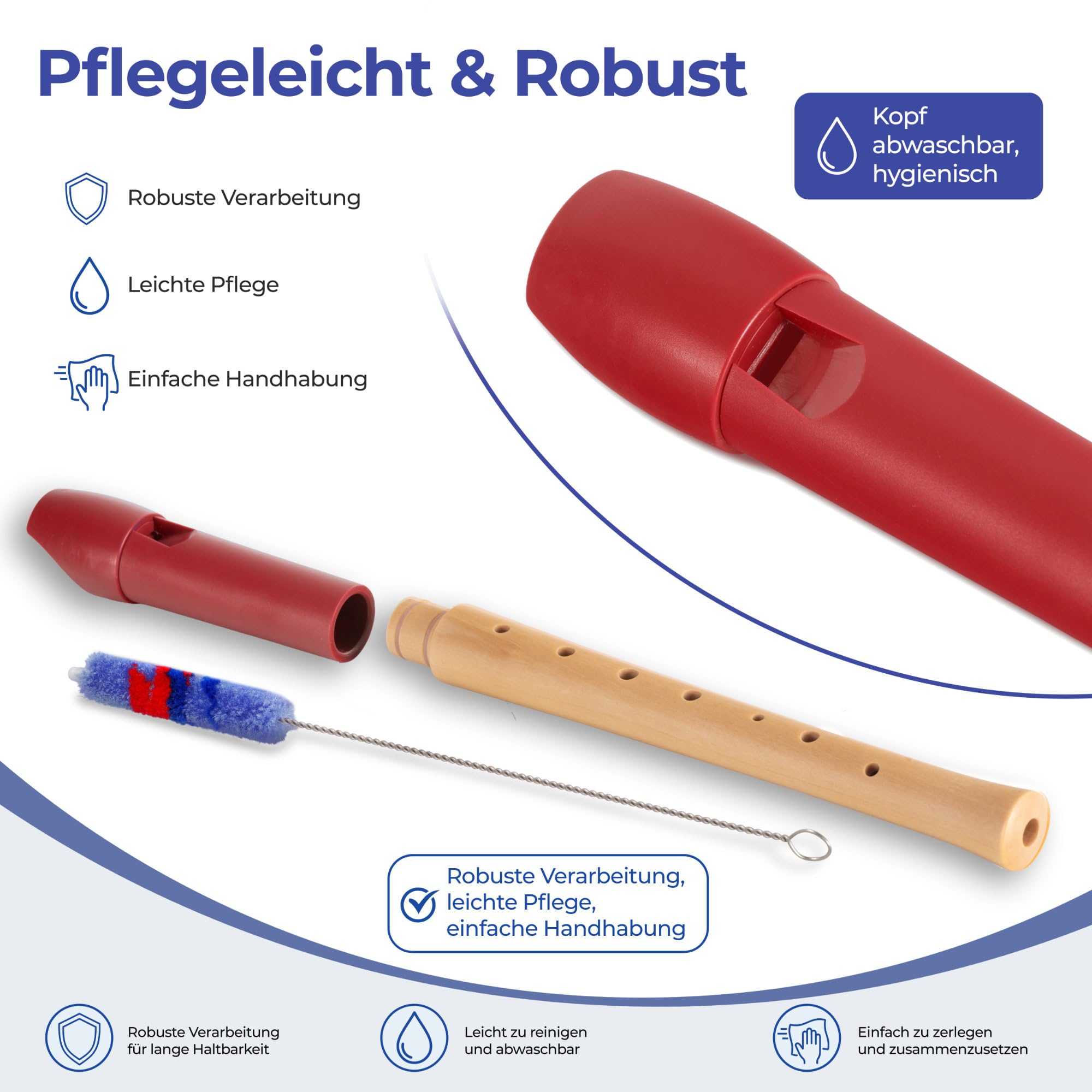 Classic Cantabile Pivella Flauta Dulce Roja, digitación alemana Set de 10 | Flautas dulces de 2 piezas, Cabeza de plástico especial rojo, Cuerpo inferior de madera de arce, Afinación: C-Soprano
