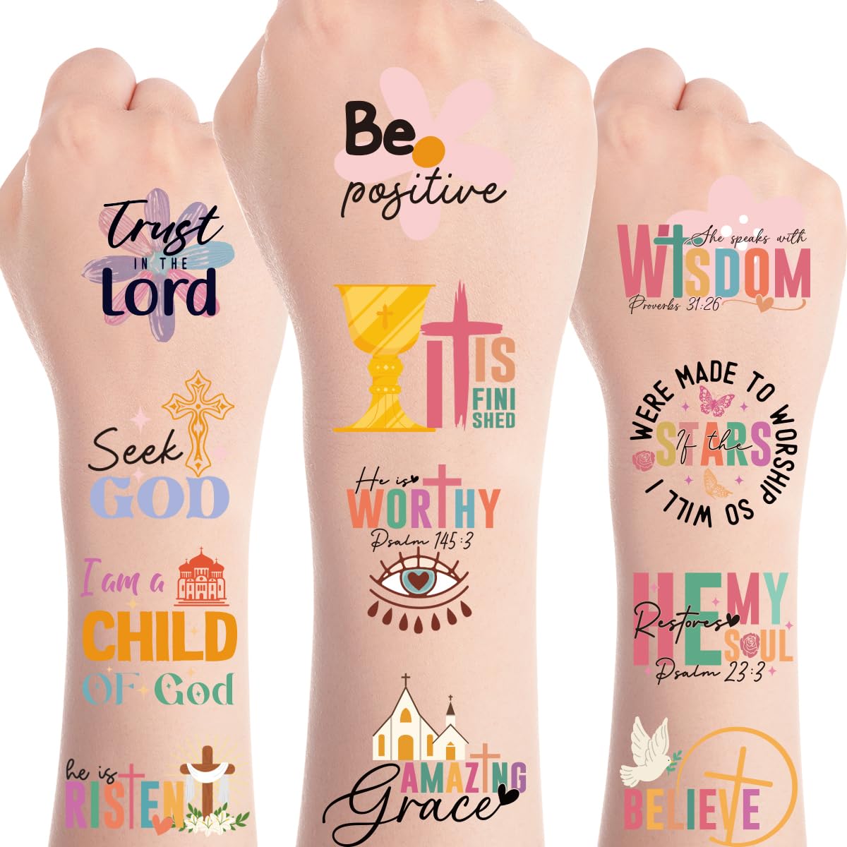 Papiailove Christian Bible Temporary Tattoos - 8 Sheets Bible Verse Tattoo Stickers Religion Colorful Waterproof Birthday Party Favors Prizes Rewards