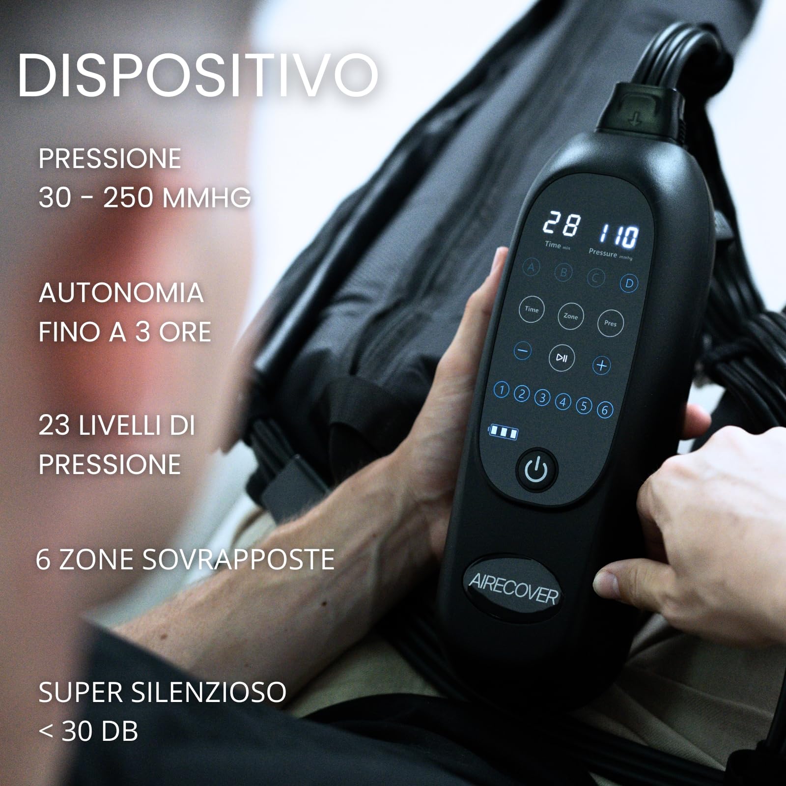 Recovery Boots,Pressoterapia Linfodrenaggio,Massaggiatore Gambe Wireless per Dolori e Circolazione, Rilassamento Muscolare & Recupero, con 6 Camere, 30-250 mmHg, 4 Modalità, Batteria 3h (L)