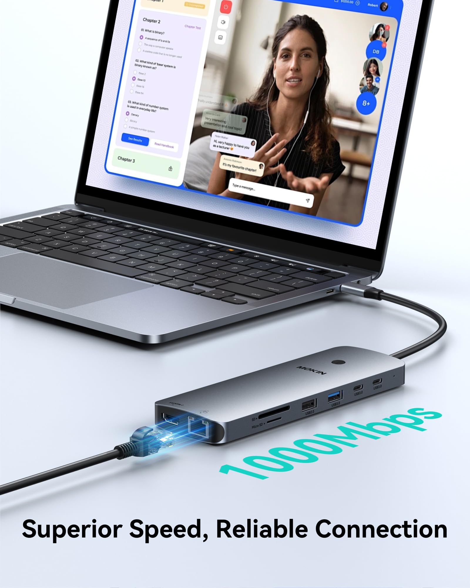 MOKiN Adattatore per docking station USB C triplo monitor per Windows, Dual HDMI 4K, DisplayPort, VGA, ricarica PD da 100 W, Gigabit Ethernet, 3 x USB 3.0, hub USB-C per laptop e Mac
