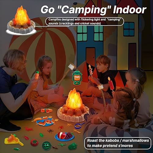 Miniatura 2 de MITCIEN Juguetes de campamento para niños, fogata, linterna, sombrero de safari, binoculares, botella, comida de juguete, S'Mores, juego de