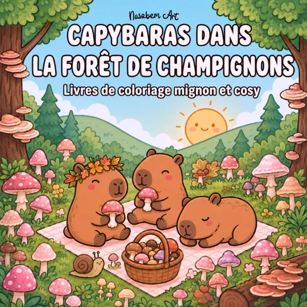 Capybaras dans la forêt de champignons: Livre de coloriage mignon et cosy: Coloriage kawaii bold and easy pour ados et adultes avec capybaras, champignons, forêt relaxants et animaux mignons