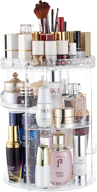 Makeup Organiser, 360 Rotating Makeup Brush Holder Beauty Cosmetic Skincare Perfume Organiser Storage Spinning Make Up Vanity Bathroom Countertop Large Clear Acrylic Plastic Lipstick Organisers Shelf
