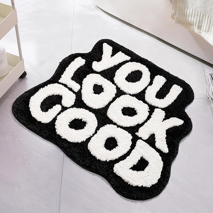You Look Good Bath Mat Black and White Bathroom Rugs Funny Cute Bathroom Decor Preppy Small Cool Rug Non Slip Microfiber Washable Absorbent Shower Rug, 25”x21”