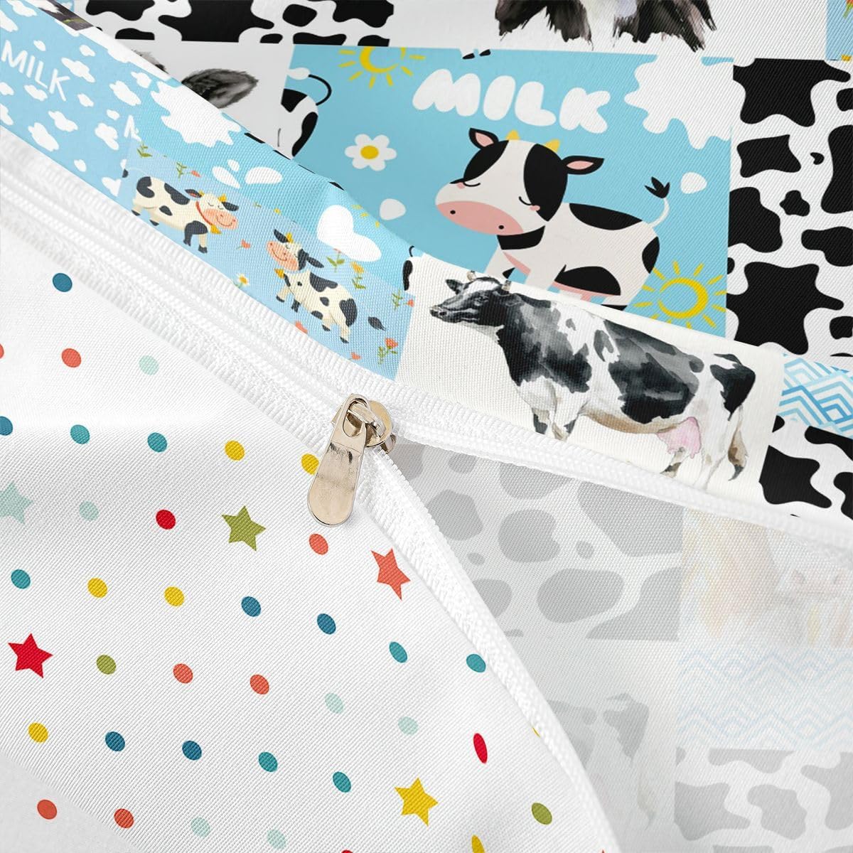 Kawaii Cow Print Bedding Sets King for Kids Toddler Highland Cattle Comforter Cover, Black White Cowhide Bed Set Bull Buffalo Plaid Duvet Cover, Cow Fur Quilt Cover Children Blue Cartoon Room Decor