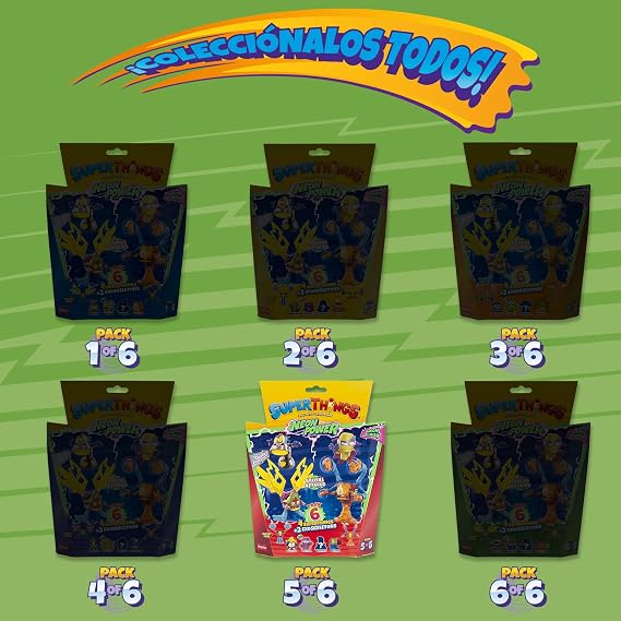 Superthings - ネオンパワーシリーズ - 6個パック、スーパーシングス4個シルバーキャプテン1個と外骨格2個、マルチカラー入り、5/6個パック