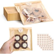 HONKID 100 Pack Cookie Packaging Bags With Seal Stickers, 5.7x6.5 Inch Food-Grade Bakery Bags With Window, Heat Sealable Paper Cookie Sleeves for Homemade, Cookies, Cakes, Brown, Donut