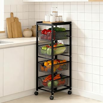 Kitchen Wagon, Width 9.8 inches 25 cm, Gap Storage, 5 Tiers Included, Slim, Side Wagon, Storage Rack, Width 9.8 x Depth 11.8 x Height 40.6 inches 25 x 30 x 103 cm, Mesh Basket, Drawer-Type, Removable, Gap Rack, Refrigerator Side Storage, Small Items, Living Room/Bathroom, Mobile Wagon, Space Saving, Space-Saving, Large Capacity, Easy Assembly, Large Capacity, 360 Degree Rotation