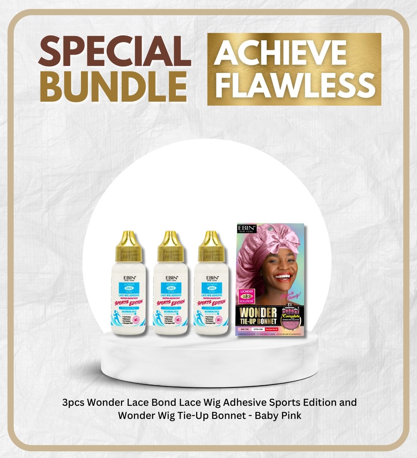 3X Wonder Lace Bond Lace Wig Adhesive Sports Edition Bundle with Wonder Wig Tie-Up Bonnet - Baby Pink Extra Long by EBIN NEW YORK – Maximum Hold & Hair Protection – Gift Set (4 Items)