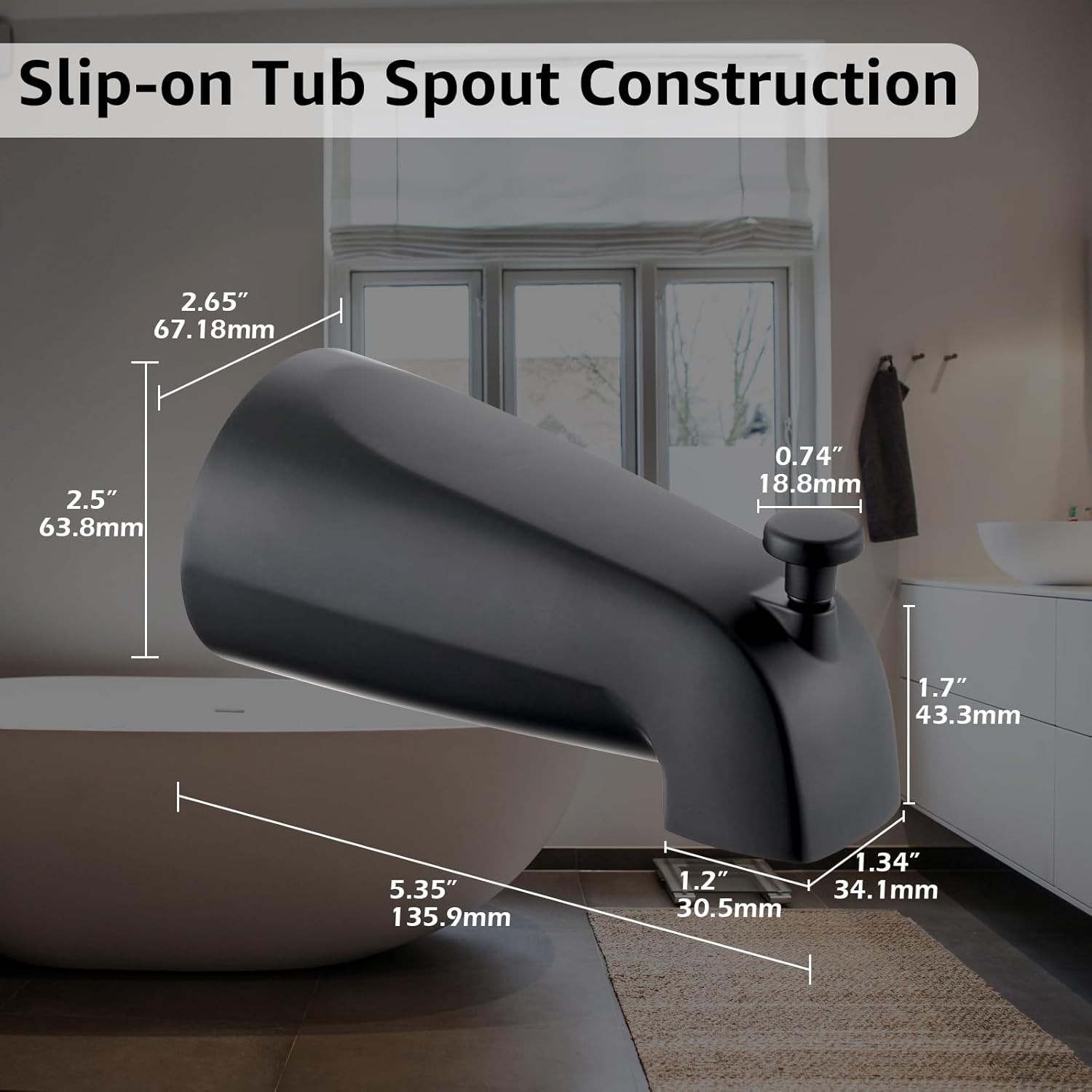 Slip-on Tub Spout with Diverter, Compatible with 1/2 Inch Copper Tube Fit, Bathroom Bathtub Spout 1-Pack (Matte Black)