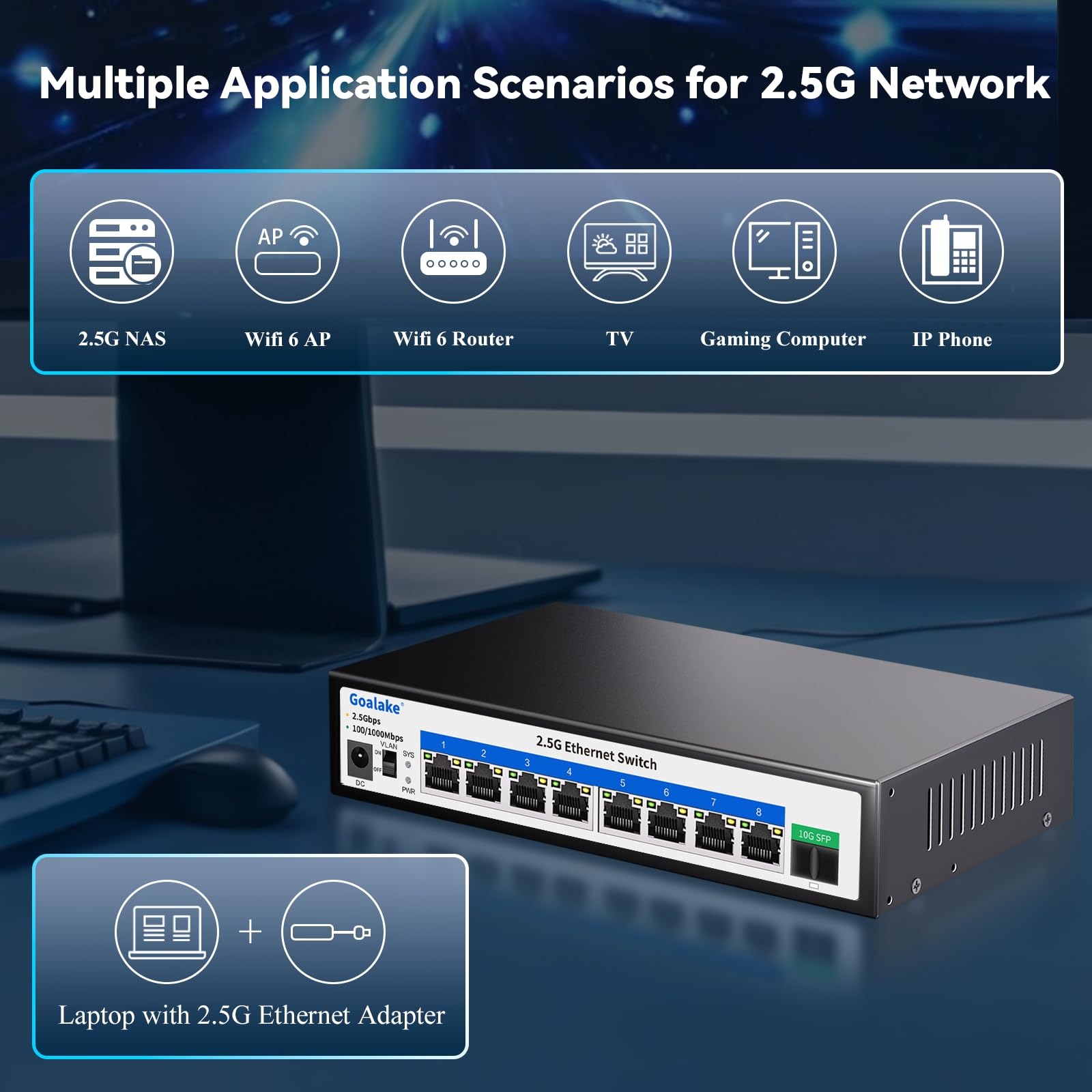 Goalake Umanaged 8-portowy przełącznik 2,5G, 8 portów Base-T 2,5 G, 1 x 10G SFP+, pojemność przełączania 60 Gb/s, metal, bez wentylatora, przełącznik biurkowy 2,5 G Multi-Gigabit do bezprzewodowego AP