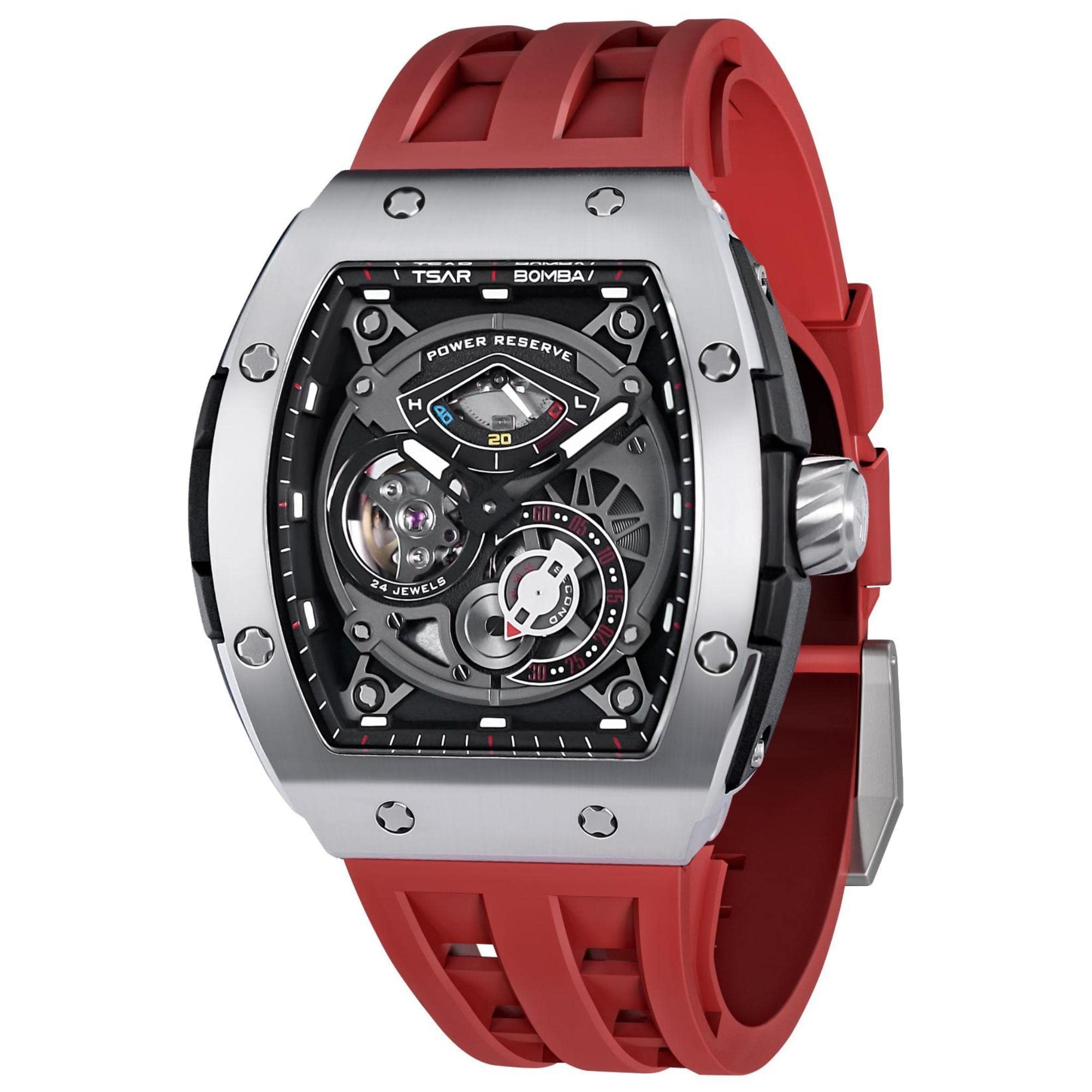 Automatic Watches for Men,Mechanical Skeleton Watch, 50M Waterproof Analog Mens Watches, Luxury Fashion Fluororubber Watch Bands Easy-to-Remove, Power Reserve, Unique Gifts for Men, Red,