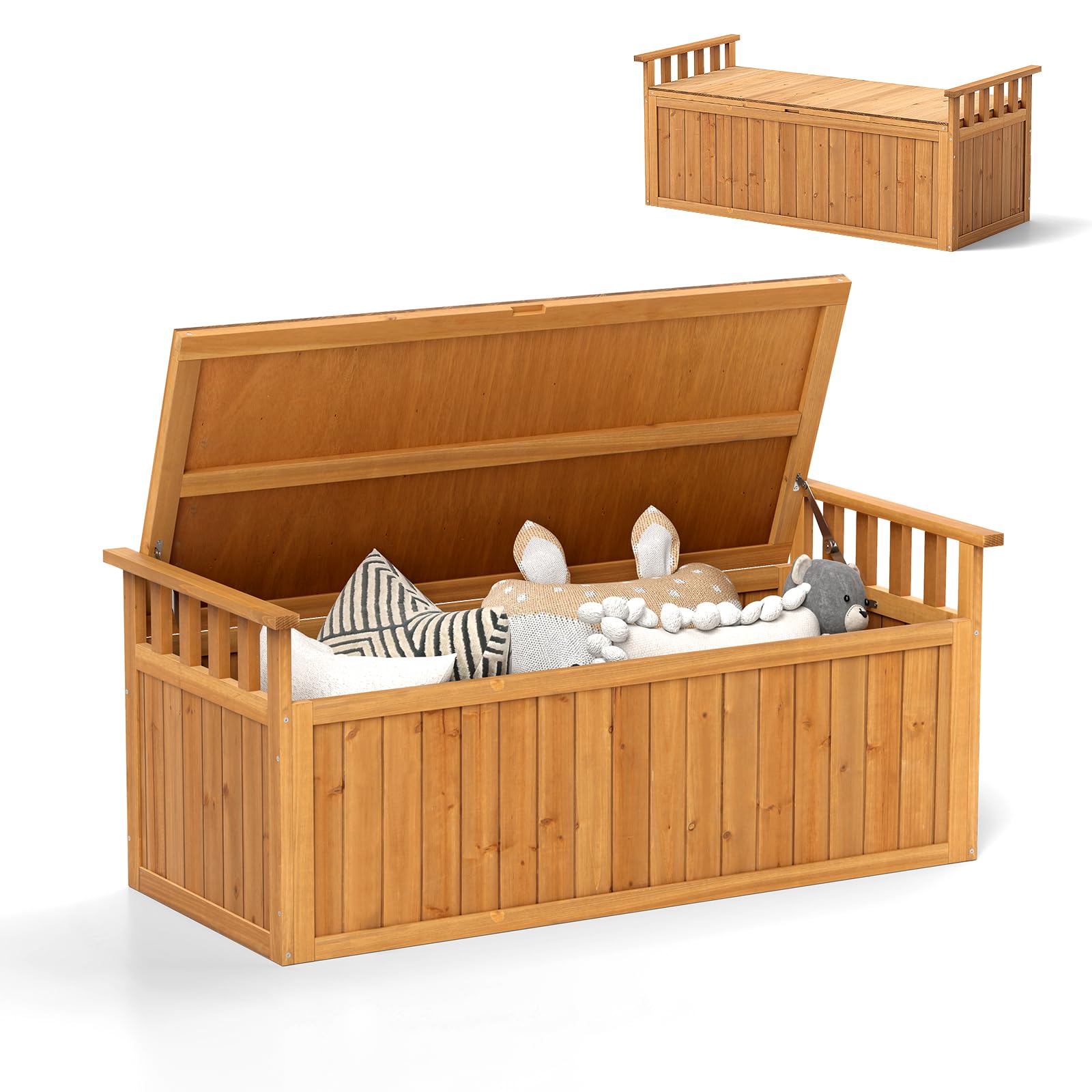 HOMASIS Cassapanca da Esterno Impermeabile 209L, Baule da Esterno in Legno con Coperchio e Braccioli, Panca Contenitore Resistente alle Intemperie per Balcone, Terrazzo, 128 x 58 x 53 cm (Naturale)
