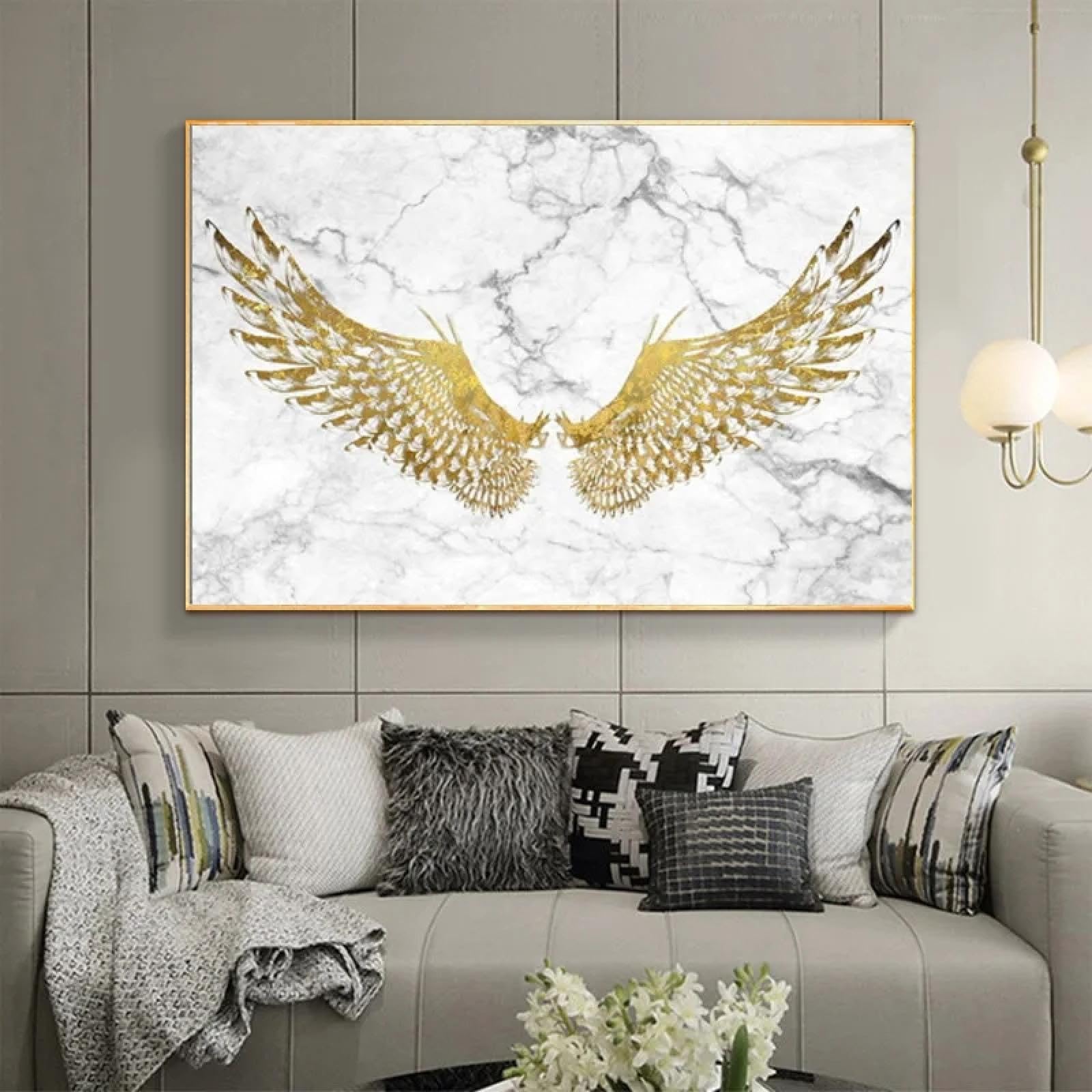 YAJNILUCK Abstrakcyjne złote skrzydła sztuka ścienna płótno obraz plakat obraz skrzydła anioła plakat nowoczesny dom salon dekoracja 60 x 80 cm (24 x 31 cali) z ramą