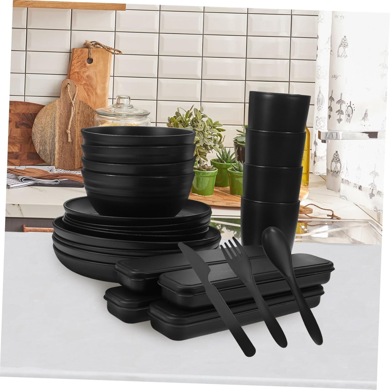 4sets Camping Cookware Cutlery Bowl Plate Cup Black Utensils Case for Outdoor Rv
