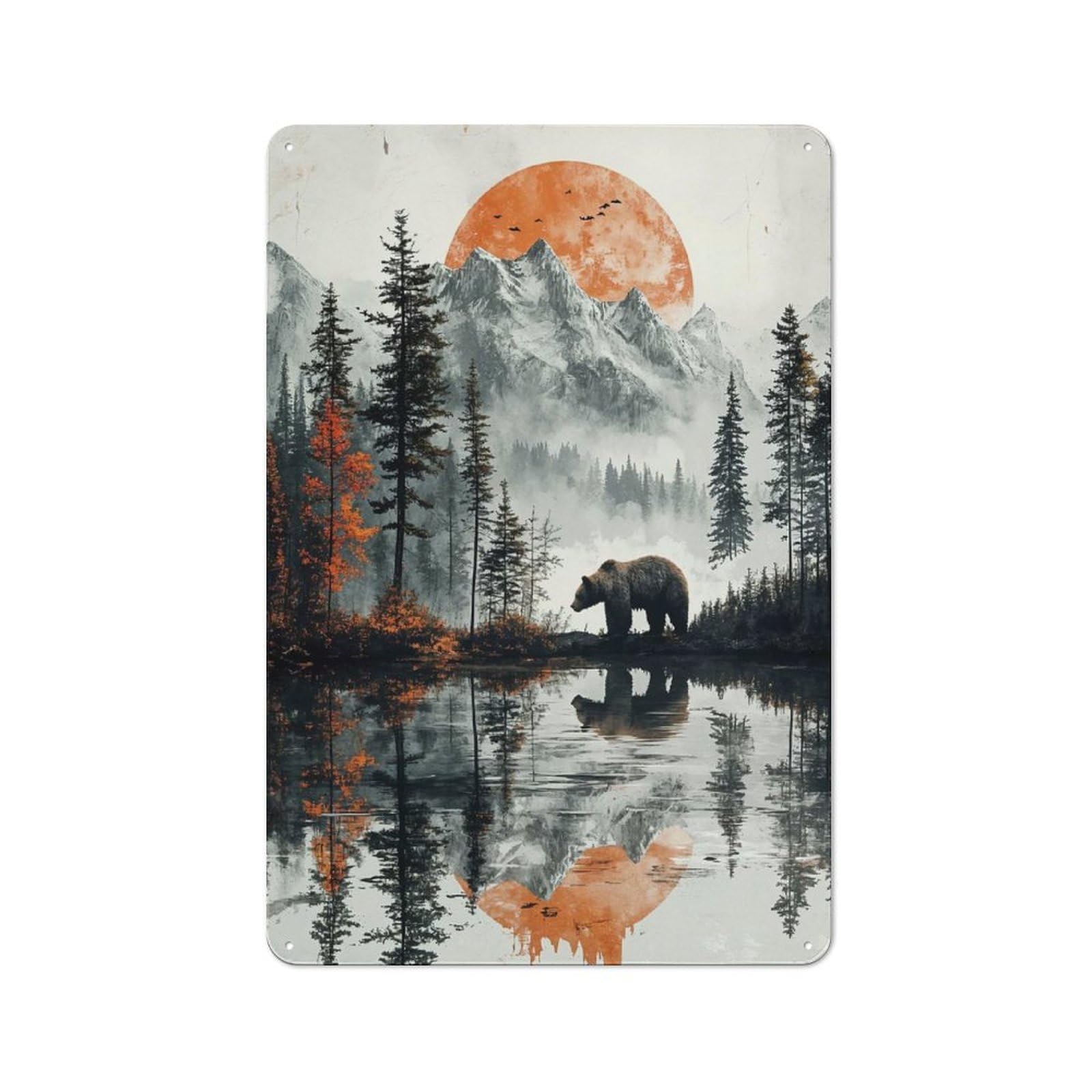 Junmoney Style-21 Bear In Mountain Lake Landscape Rustic Metal Sign 30X20cm For Garden Room Or Summerhouse, For Themed Interiors In Garden Rooms And Summerhouses
