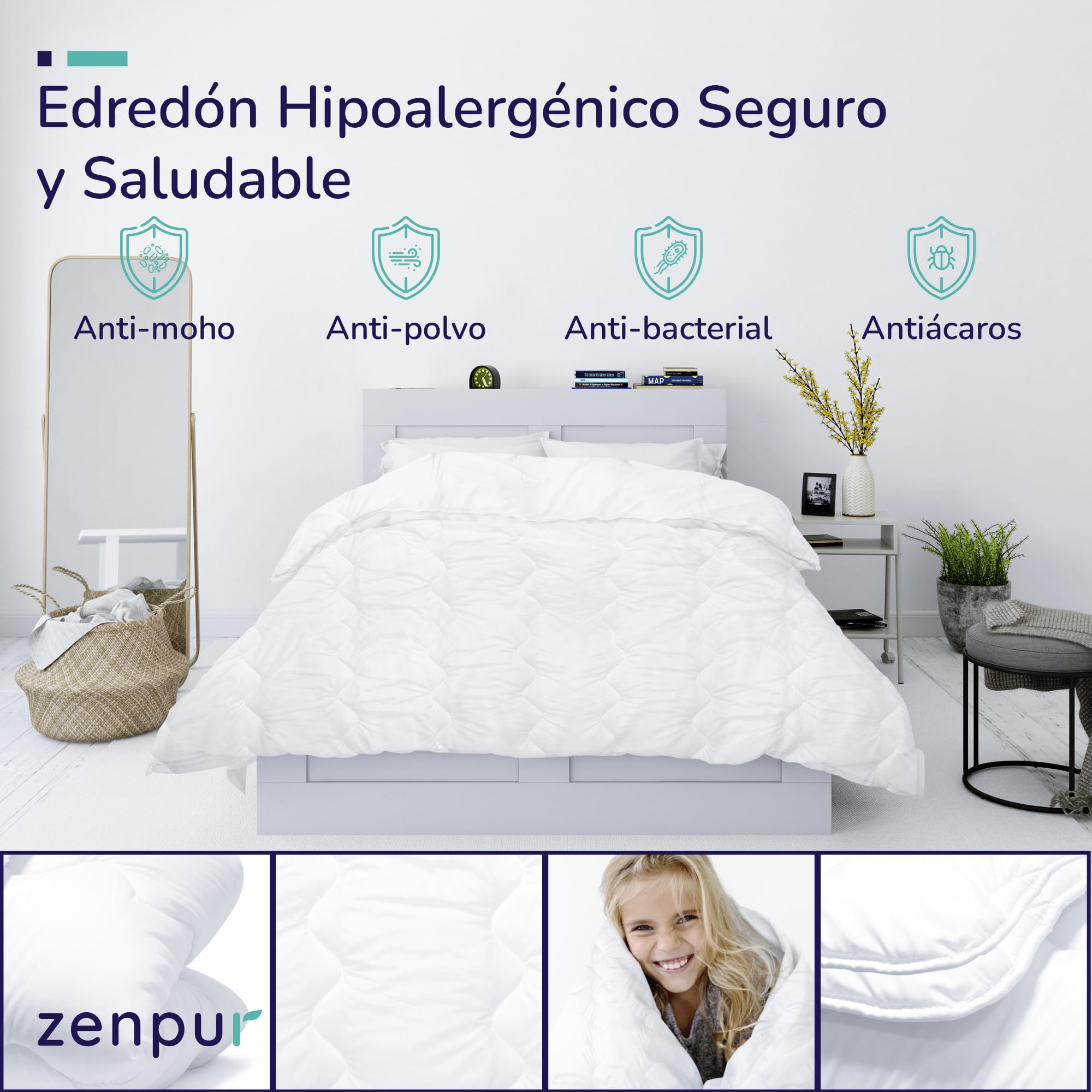 ZenPur Edredon Nordico Cama Verano e Invierno - Relleno Nórdico de 2 Capas de Microfibra Divisibles Lavables a Máquina (Edredón de 4 Estaciones, 140 x 200 cm)